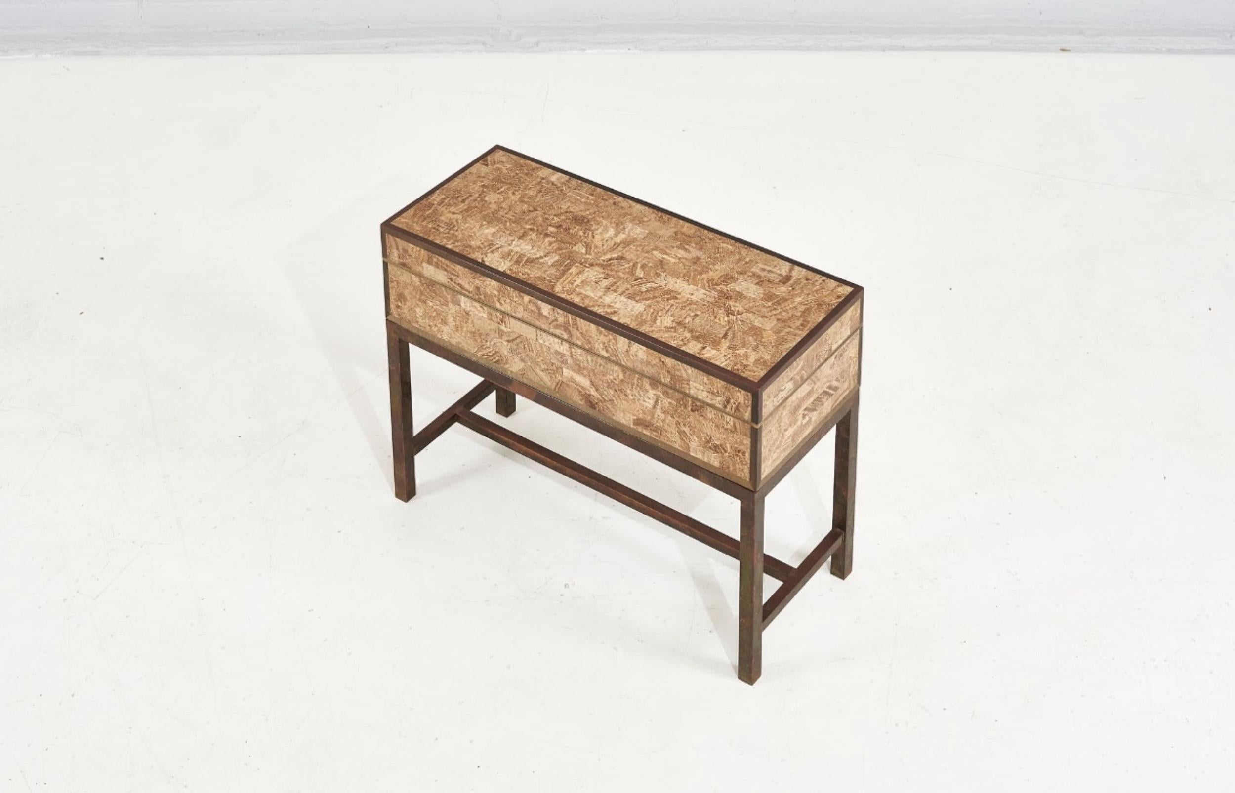 Post-Modern Tessellated Stone with Brass Frame and Brass Base Mini Chest, 1970 For Sale