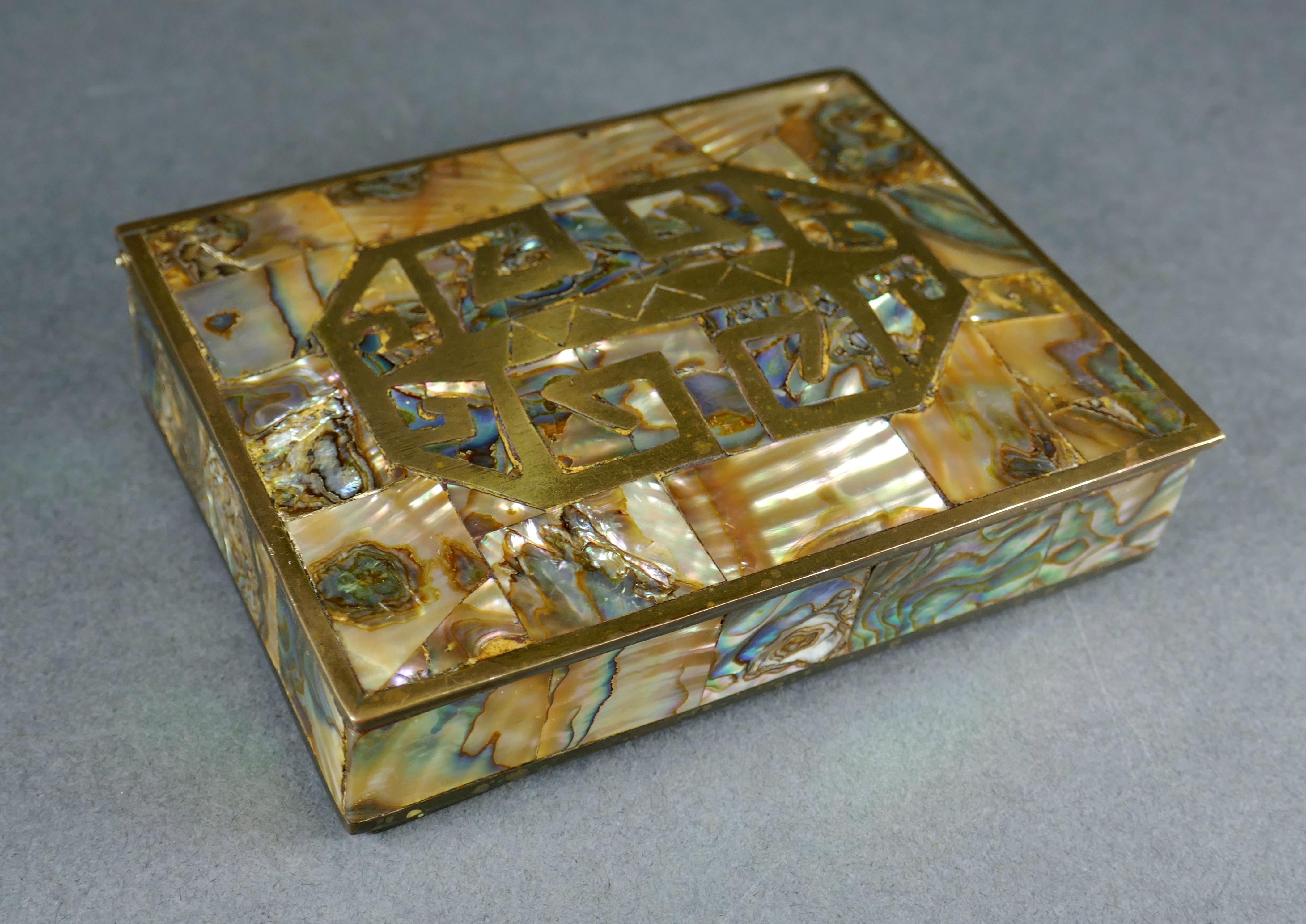 1950s mahogany lined brass and tessellated abalone cigarette box from Mexico. 