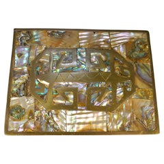 Tessellated Abalone Shell Brass Inlaid Cigarette Tobacco Trinket Box México