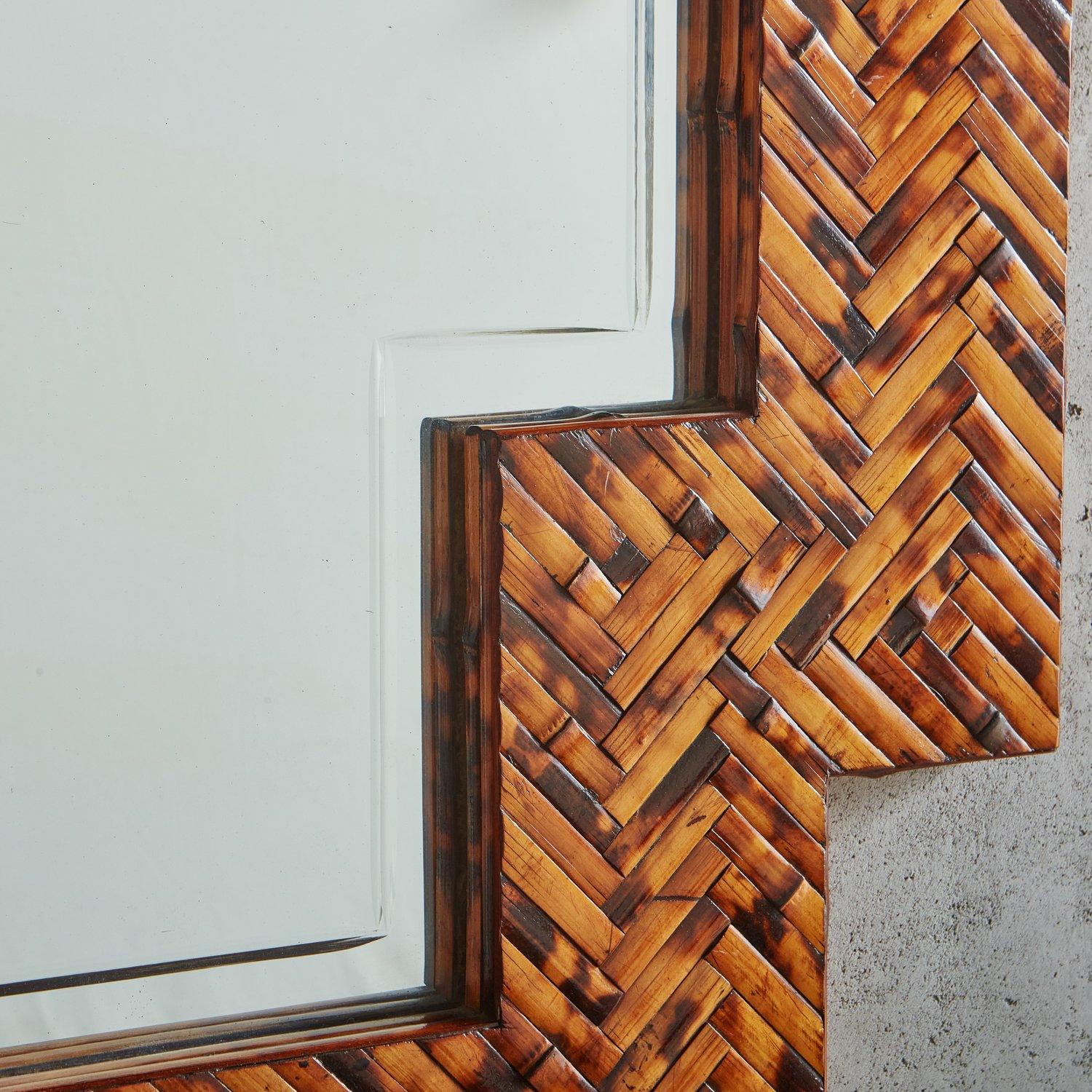 Tessellated Bamboo Frame Mirror by Harrison Van Horn, 1980s In Good Condition In Chicago, IL