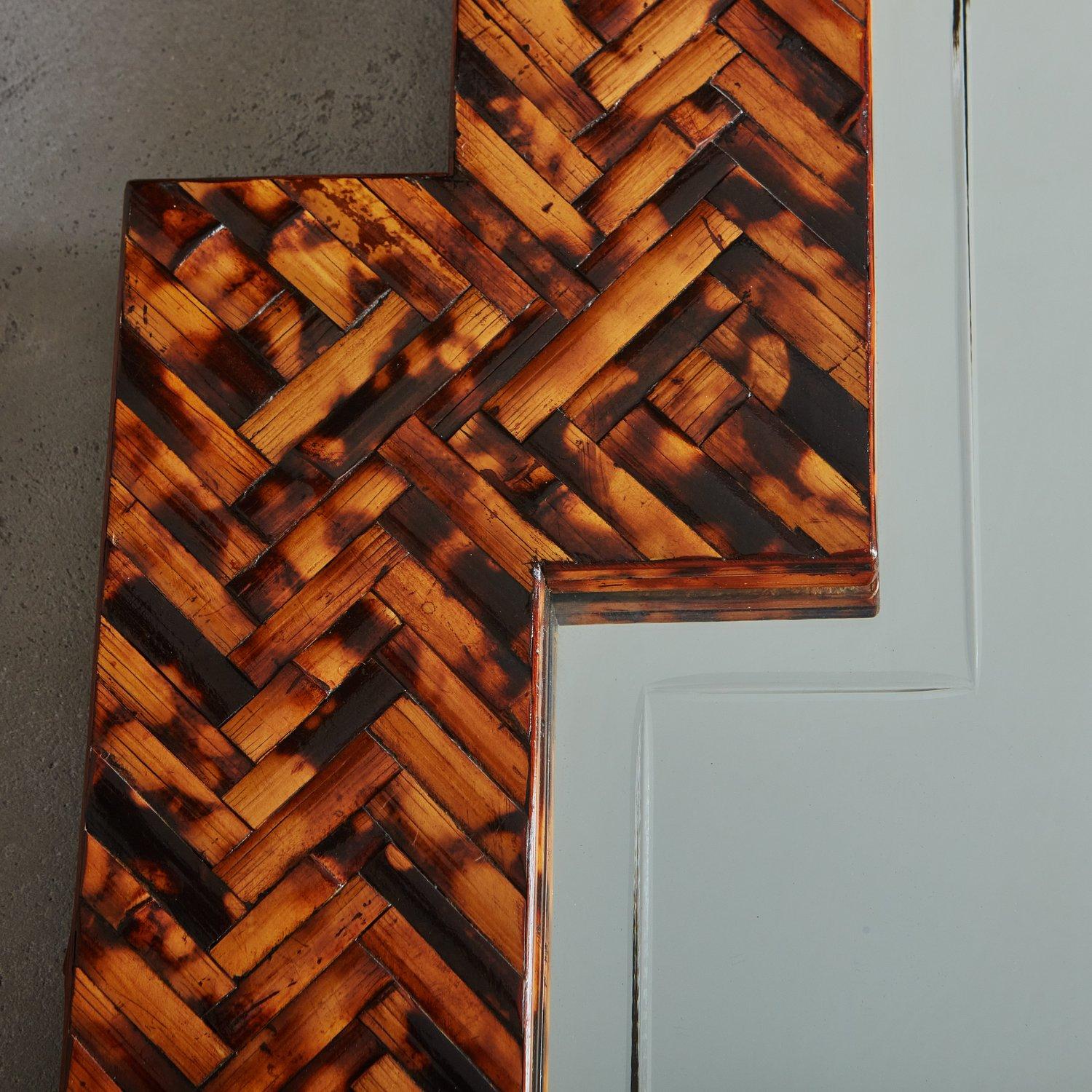 Tessellated Bamboo Frame Mirror by Harrison Van Horn, 1980s For Sale 1