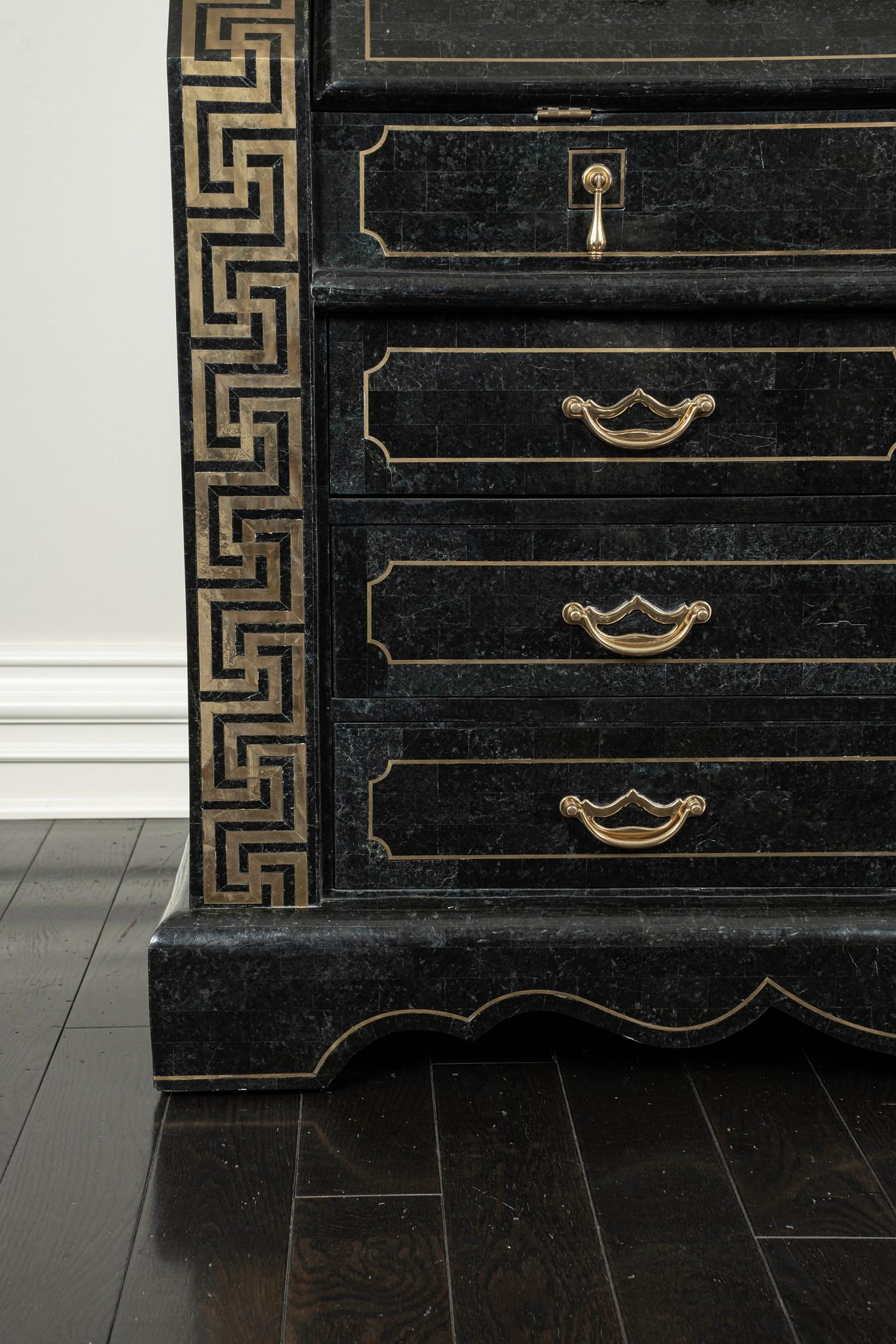 Tessellated Black Marble Brass Inlay Secretary Desk by Maitland Smith For Sale 5