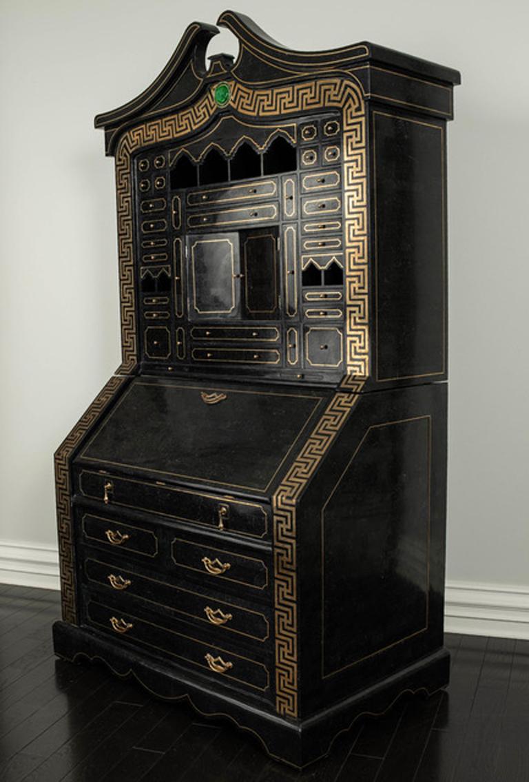 Hollywood Regency Tessellated Black Marble Brass Inlay Secretary Desk by Maitland Smith For Sale