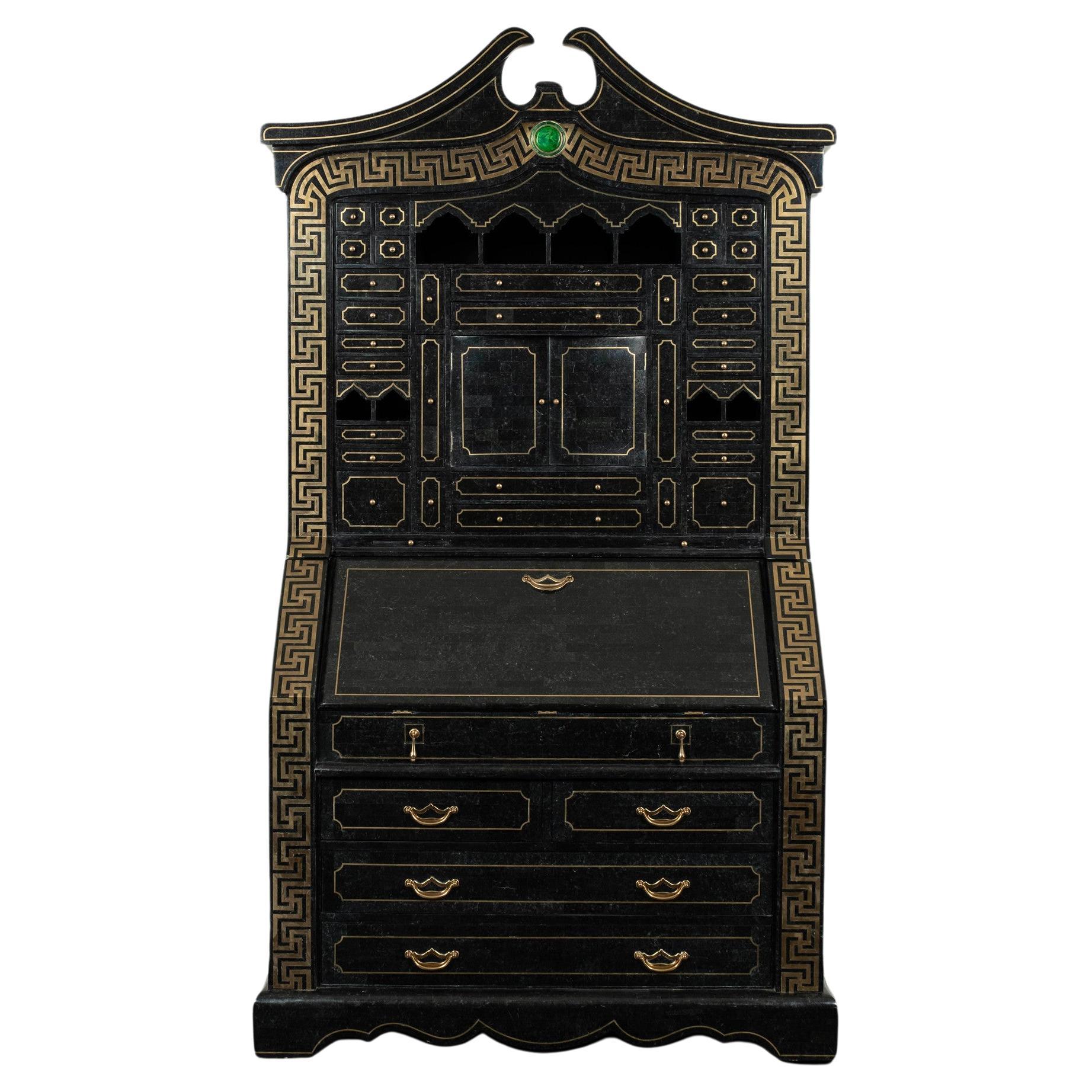 Tessellated Black Marble Brass Inlay Secretary Desk by Maitland Smith For Sale