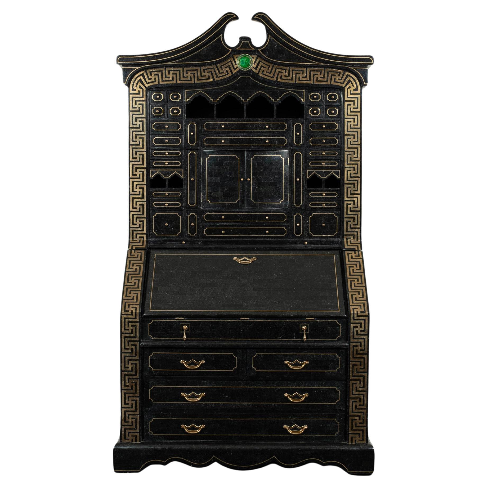 Tessellated Black Marble Brass Inlay Secretary Desk by Maitland Smith