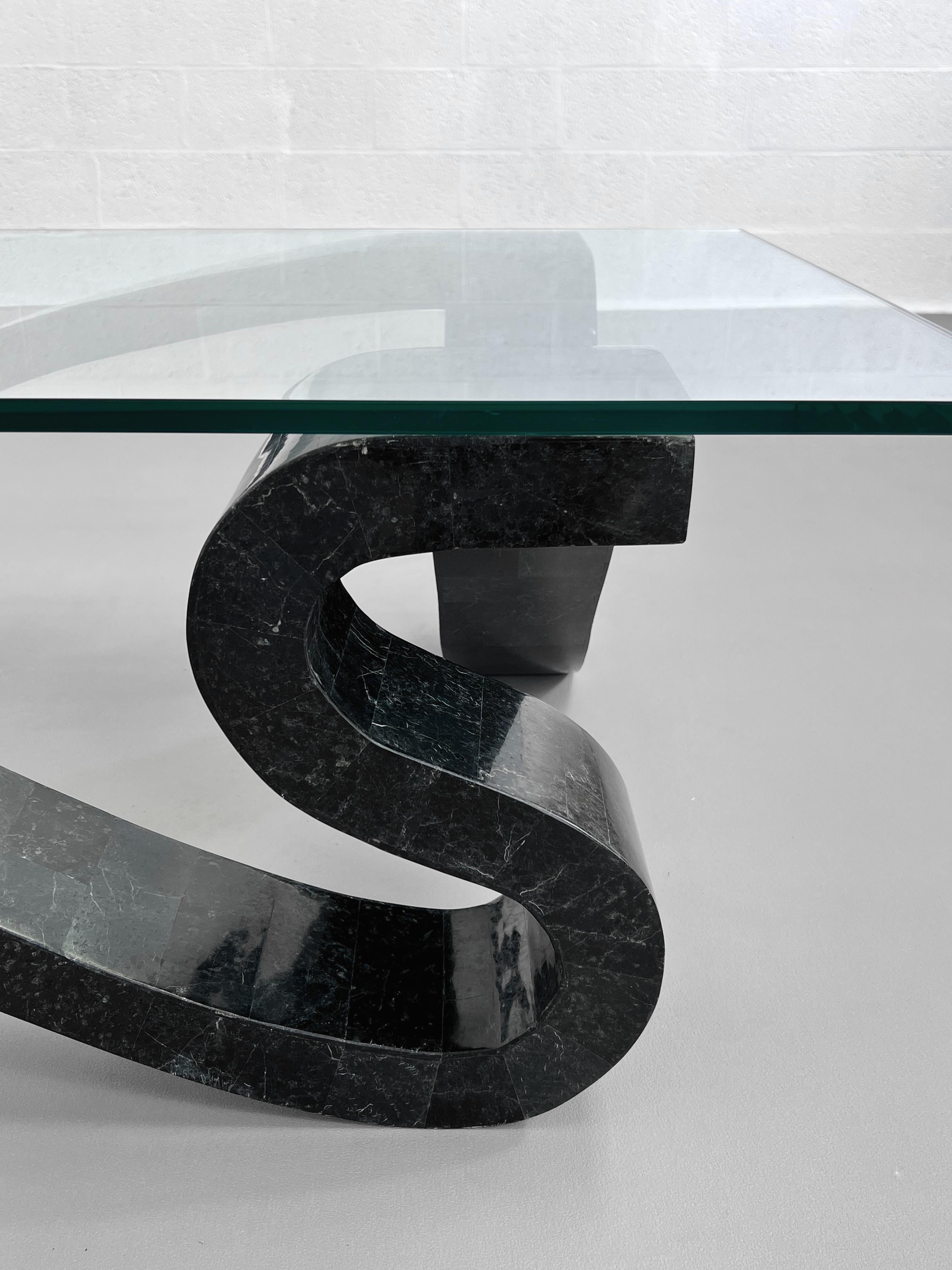 20th Century Tessellated Black Marble Marquetry and Rectangular Glass Tray Large Coffee Table
