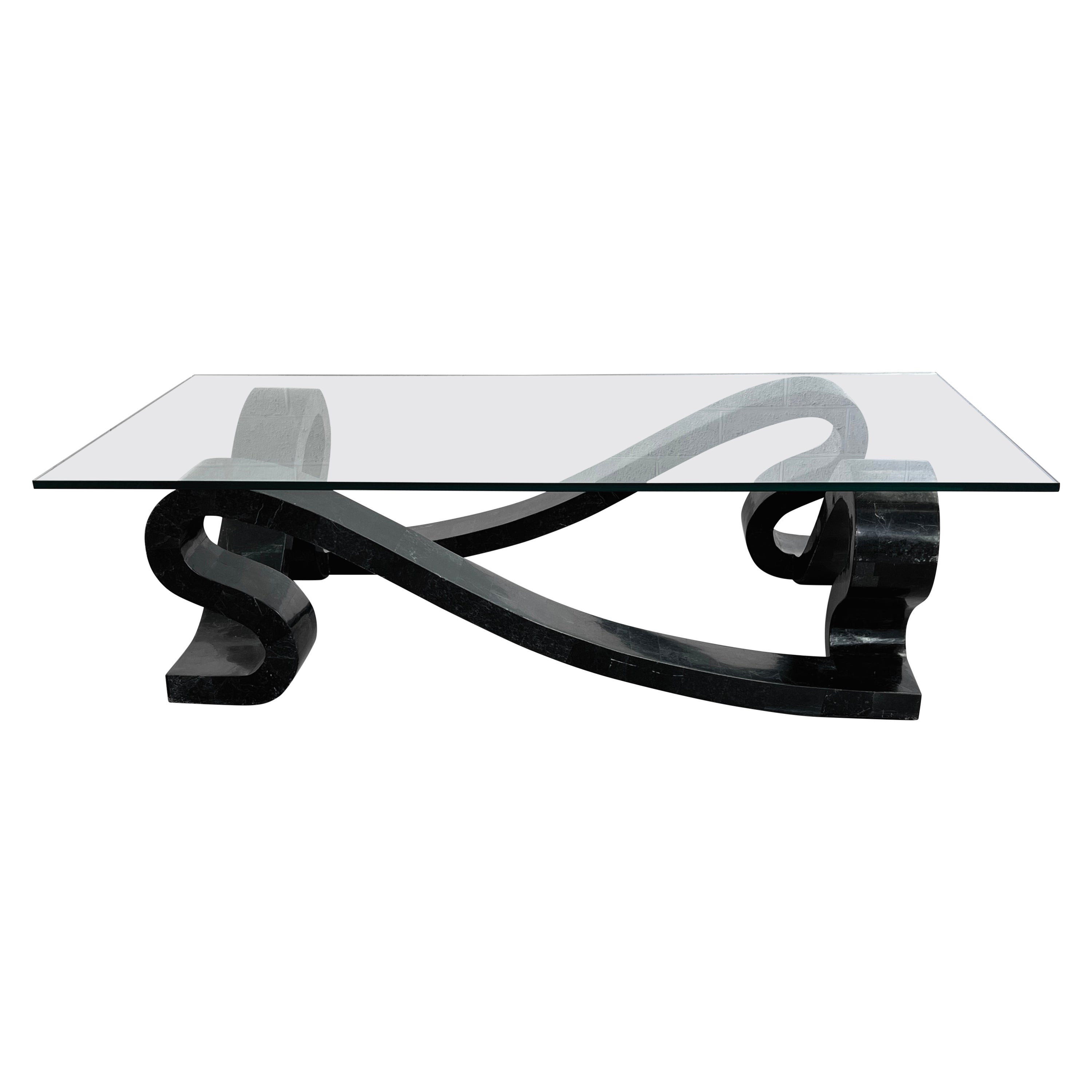 Tessellated Black Marble Marquetry and Rectangular Glass Tray Large Coffee Table