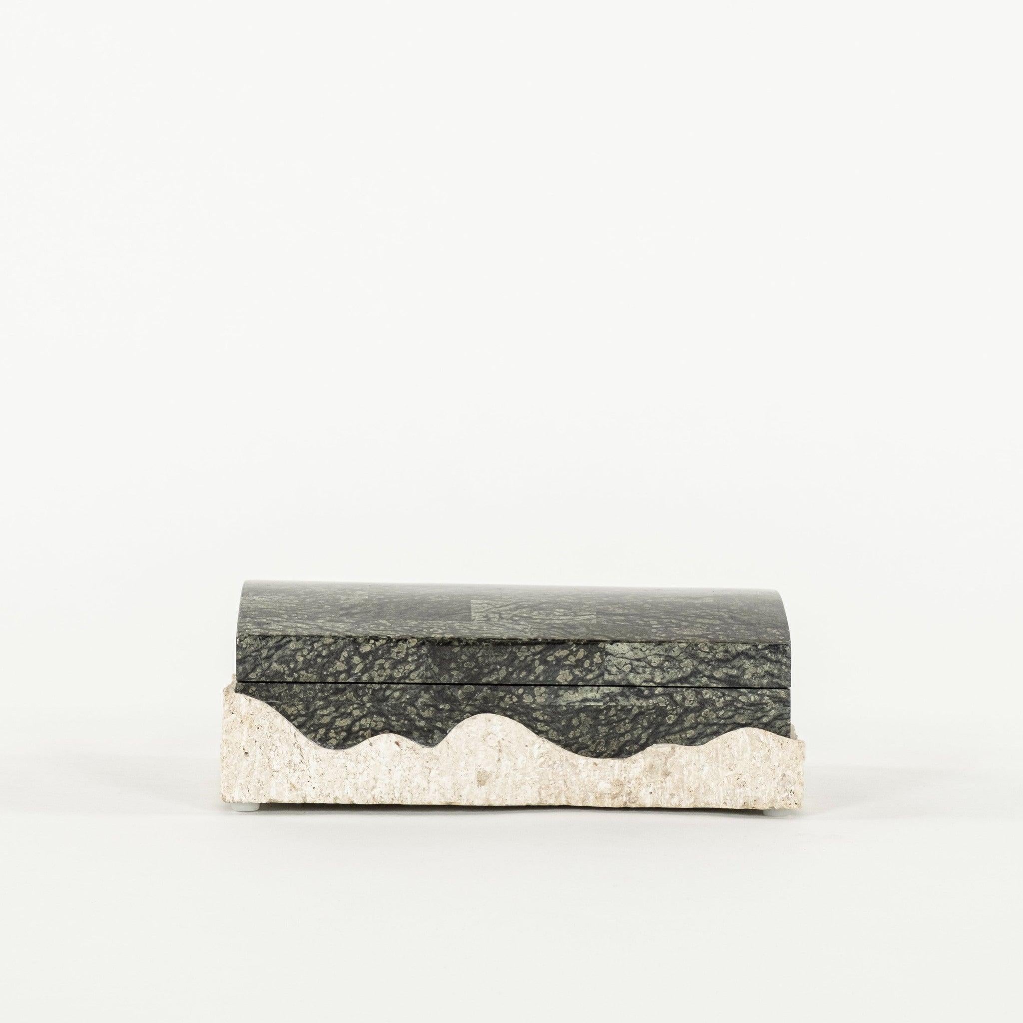 Late 20th Century tessellated black stone and travertine box.