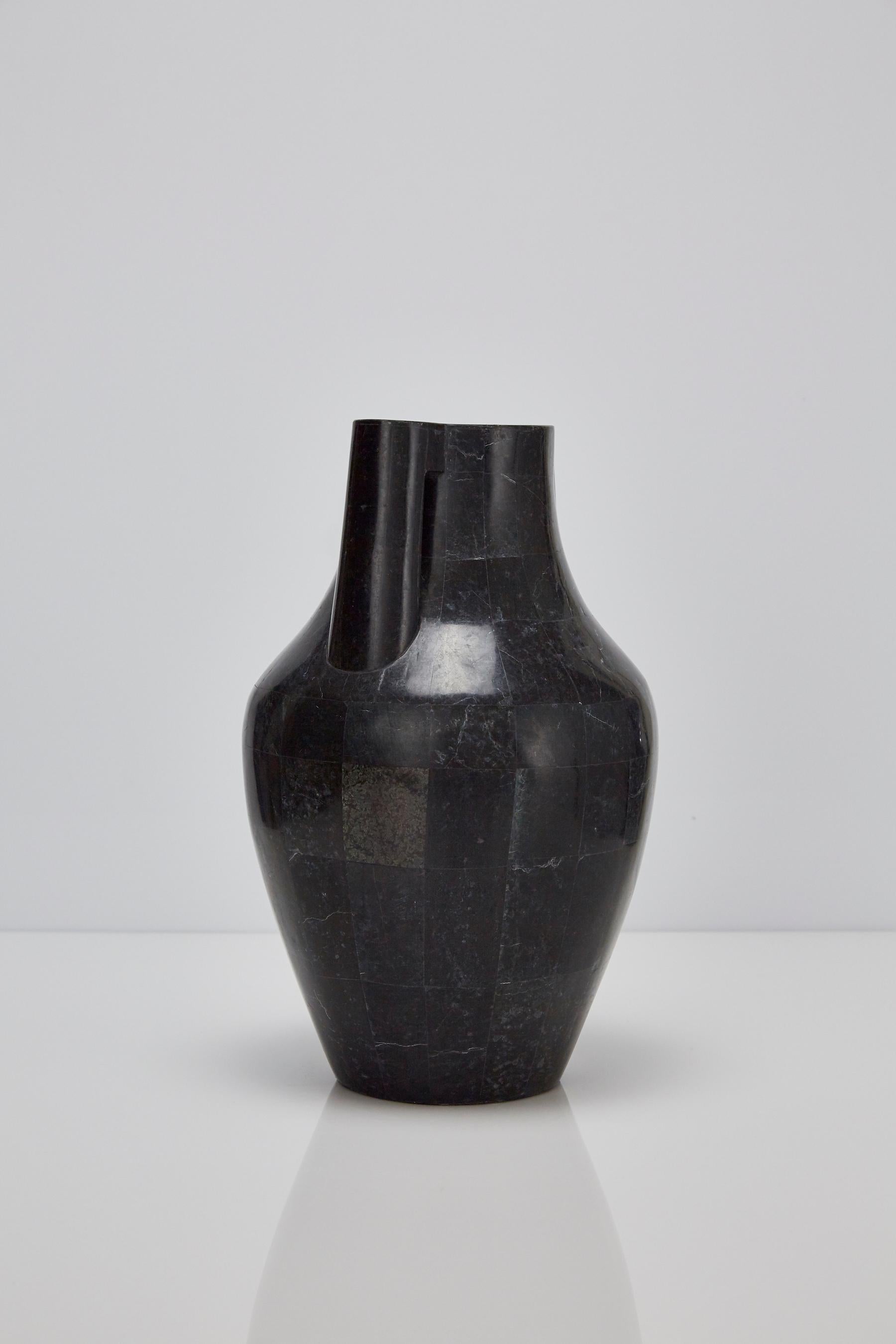 Post-Modern Tessellated Black Stone Mesopotamia Jug Vase, 1990s For Sale