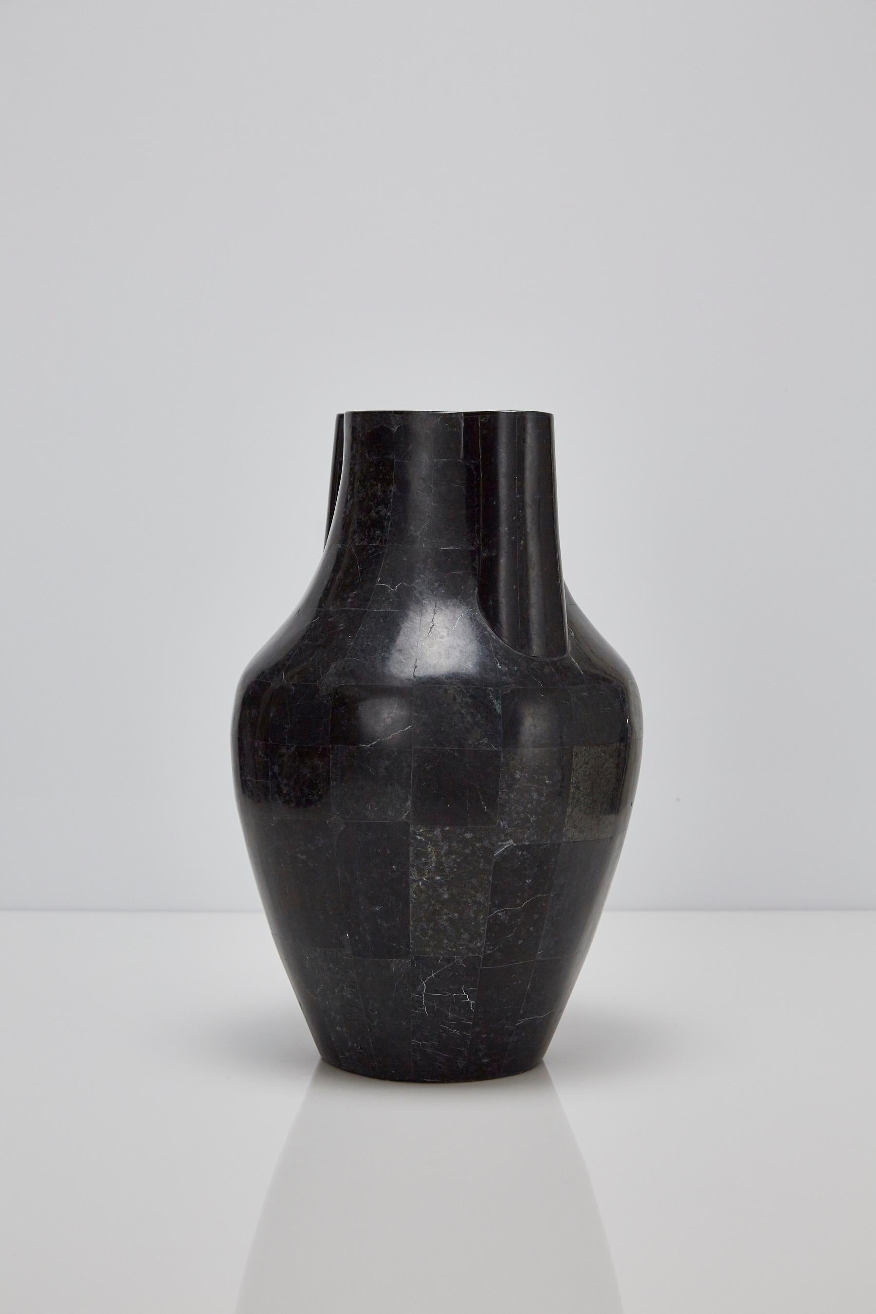 Inlay Tessellated Black Stone Mesopotamia Jug Vase, 1990s For Sale