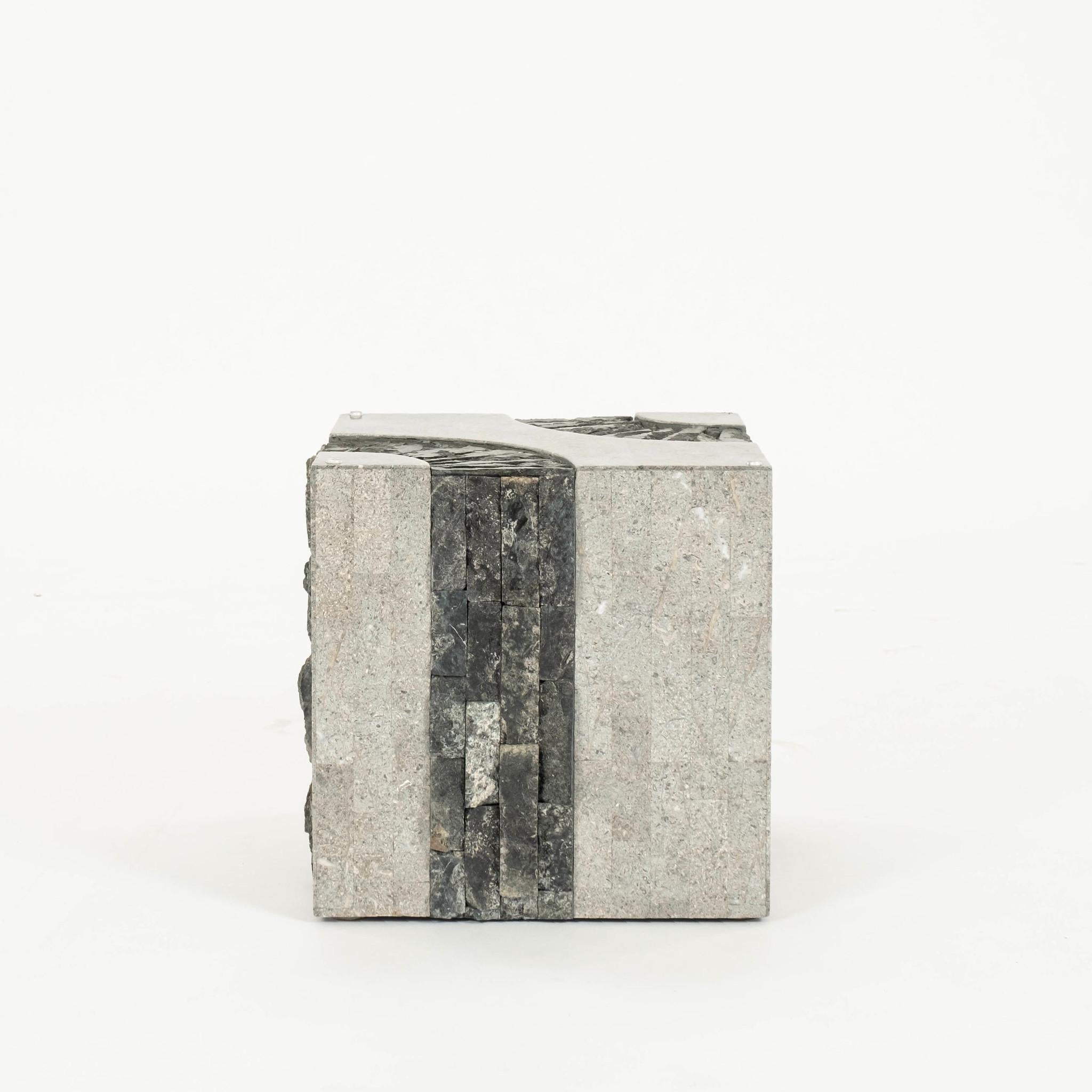 Organic Modern Tessellated Black White Gray Stone Cube Occasional Table For Sale