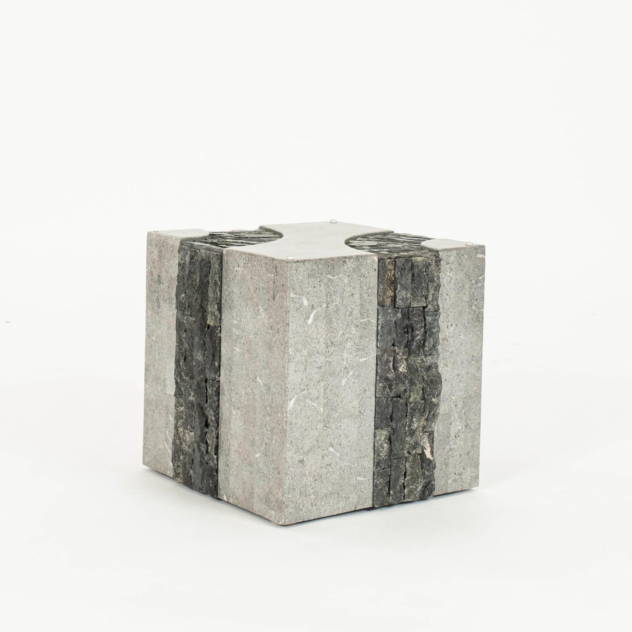 Laminated Tessellated Black White Gray Stone Cube Occasional Table For Sale