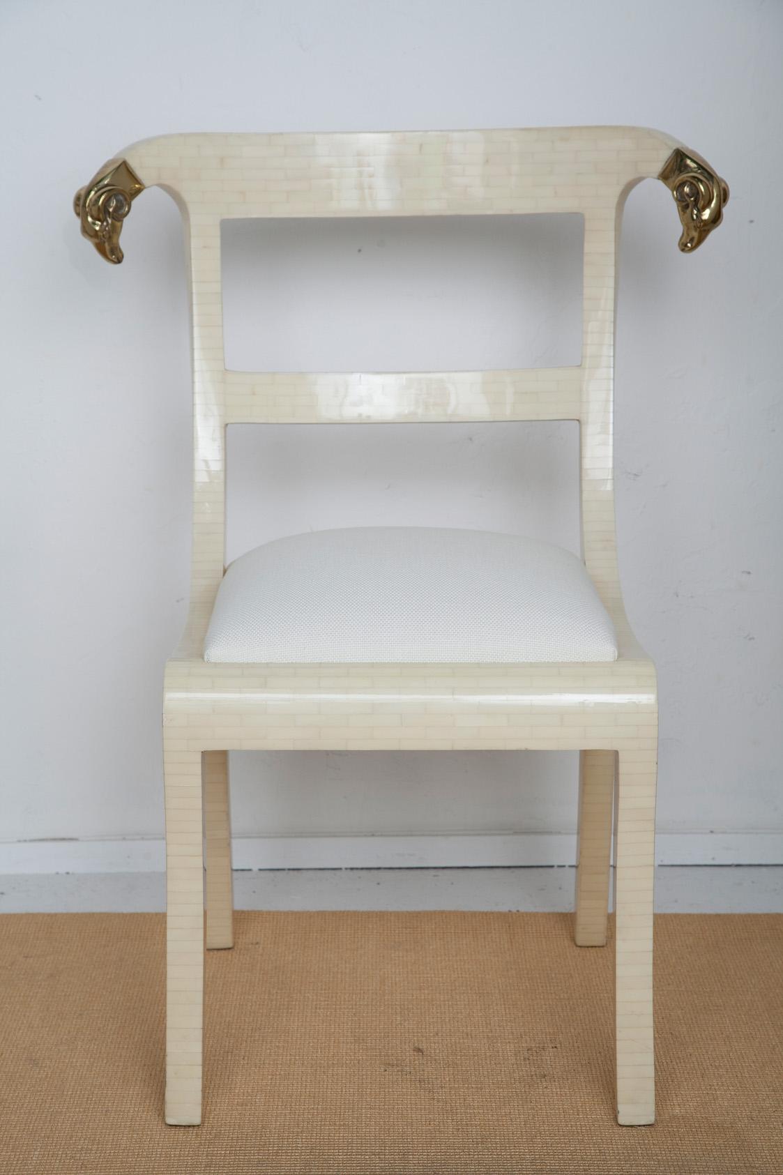 Neoclassical Tessellated Bone Chairs with Brass Rams Heads by Enrique Garces For Sale