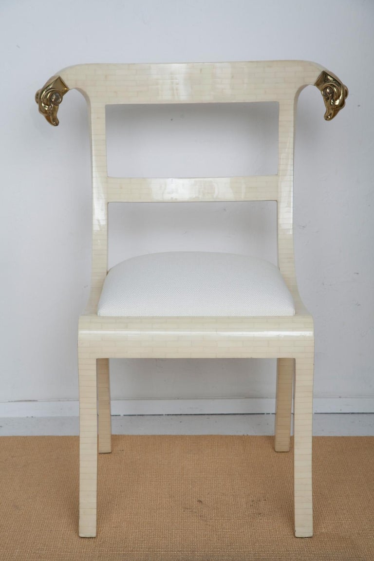 Neoclassical Tessellated Bone Chairs with Brass Rams Heads by Enrique Garces For Sale