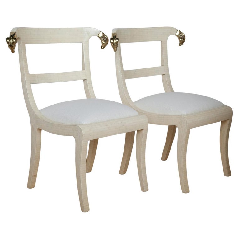 Tessellated Bone Chairs with Brass Rams Heads by Enrique Garces For Sale