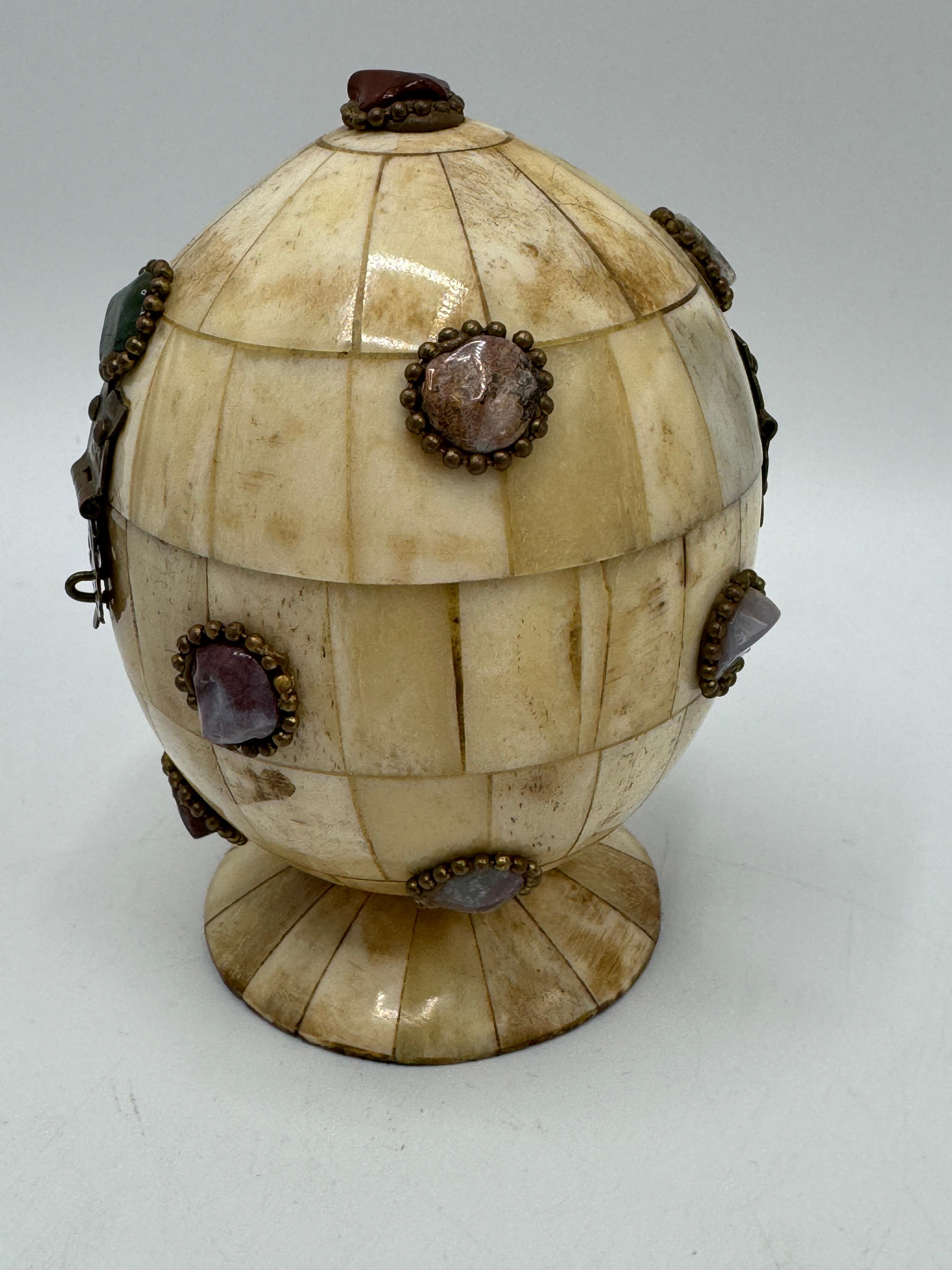 20th Century Tessellated Bone Egg Box with Semi-Precious Cabochons Jewels For Sale