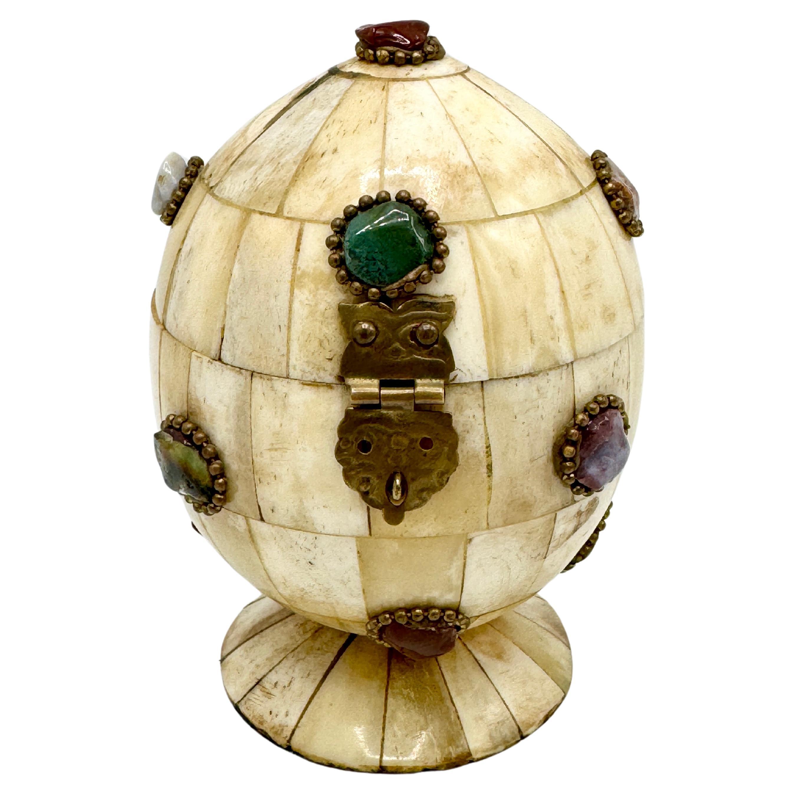 Tessellated Bone Egg Box with Semi-Precious Cabochons Jewels For Sale