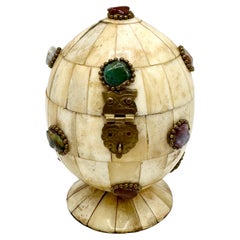 Antique Tessellated Bone Egg Box with Semi-Precious Cabochons Jewels