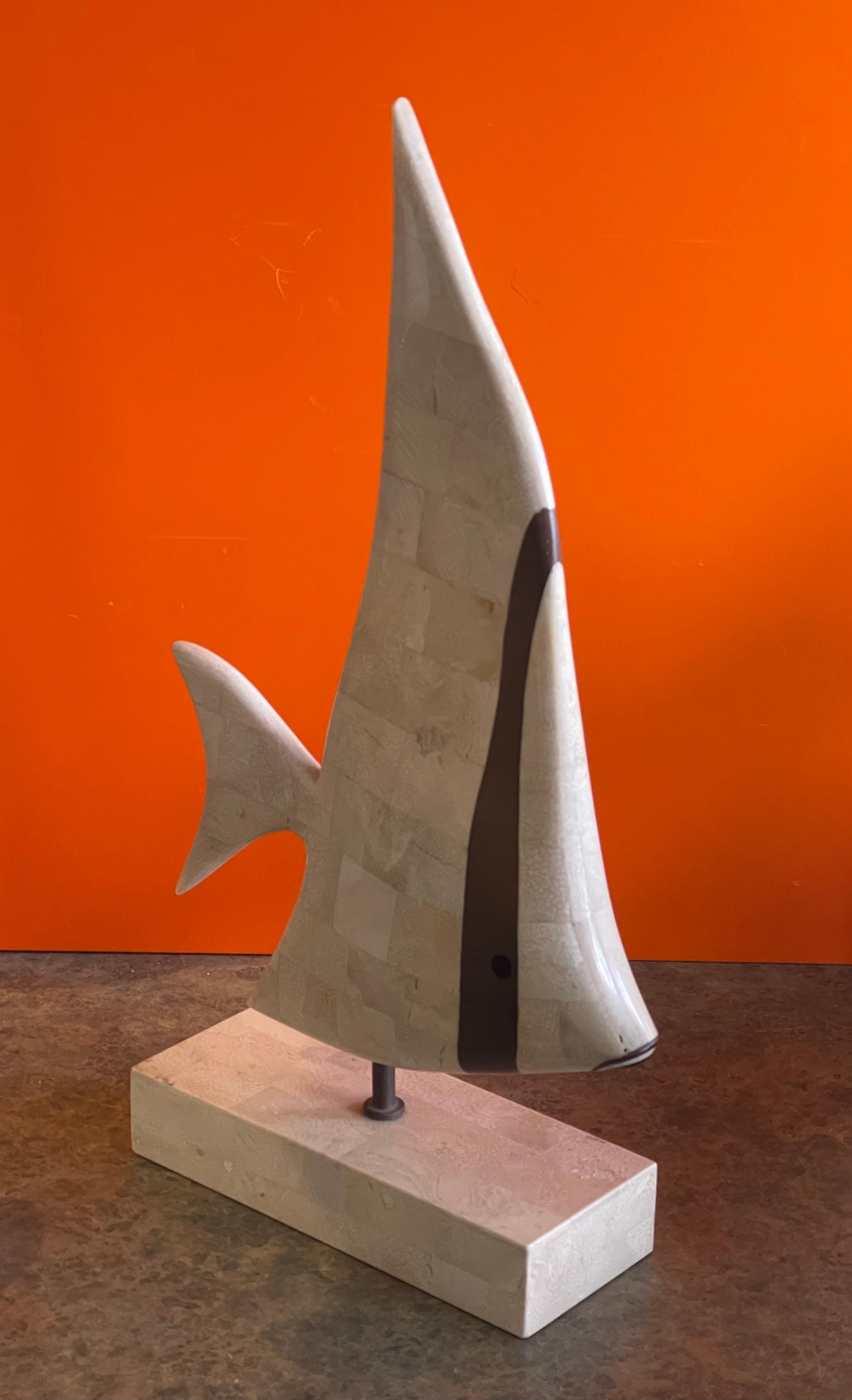 Tessellated Coral Stone & Brass Angel Fish Sculpture on Stand by Maitland Smith For Sale 4