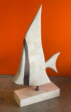 Tessellated Coral Stone & Brass Angel Fish Sculpture on Stand by Maitland Smith