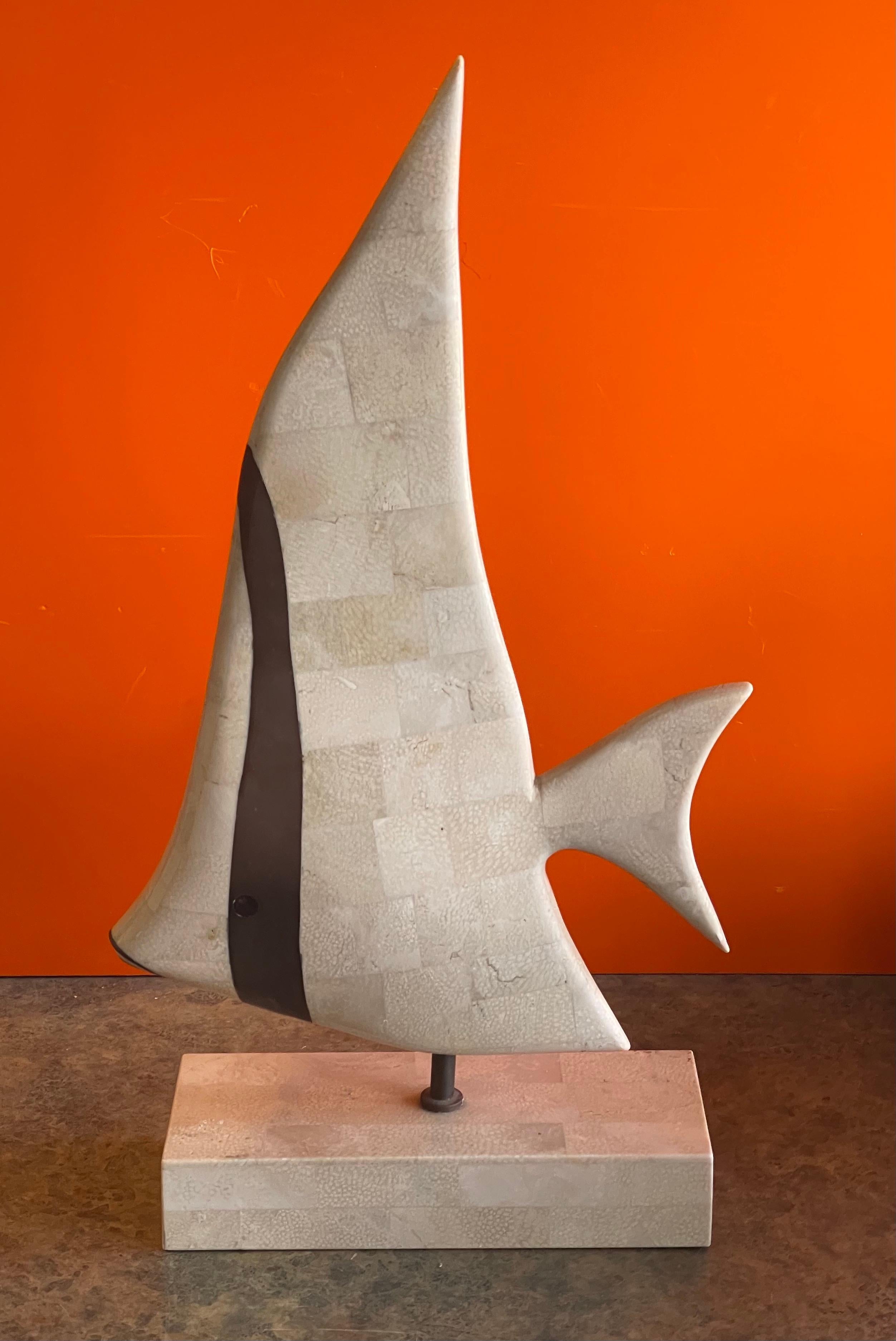 Hollywood Regency Tessellated Coral Stone & Brass Angel Fish Sculpture on Stand by Maitland Smith For Sale