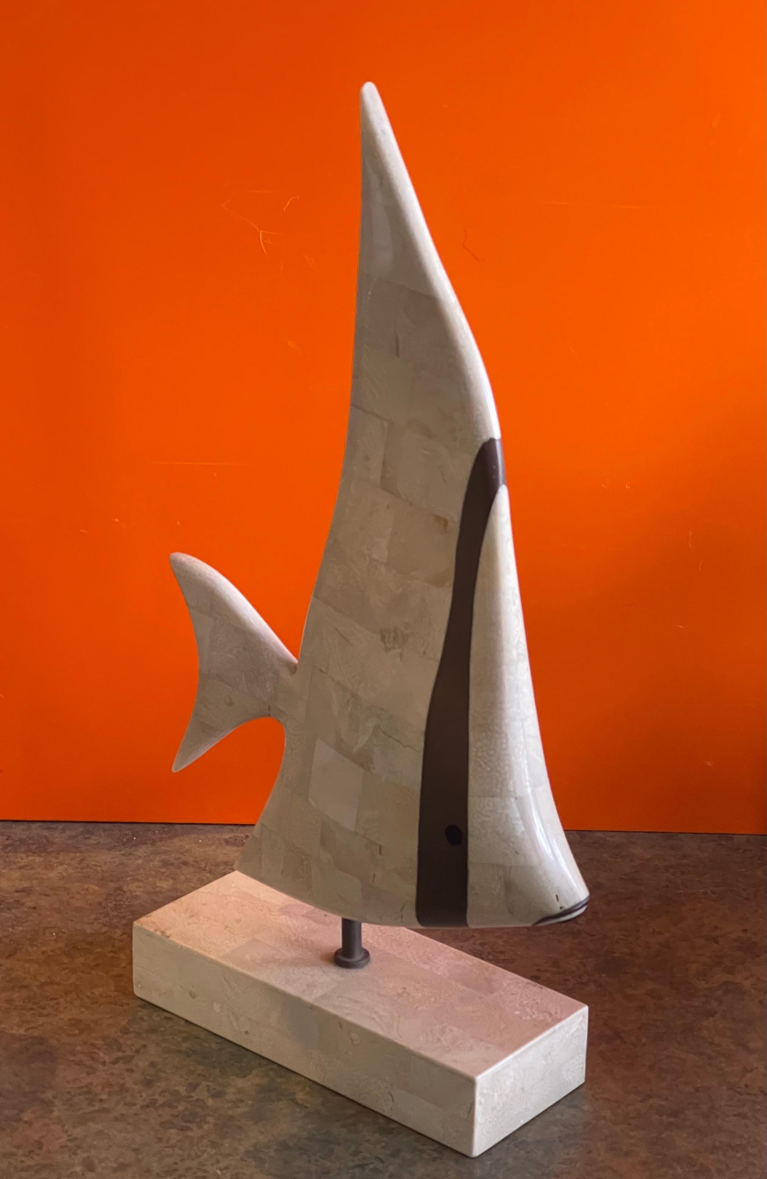 American Tessellated Coral Stone & Brass Angel Fish Sculpture on Stand by Maitland Smith For Sale