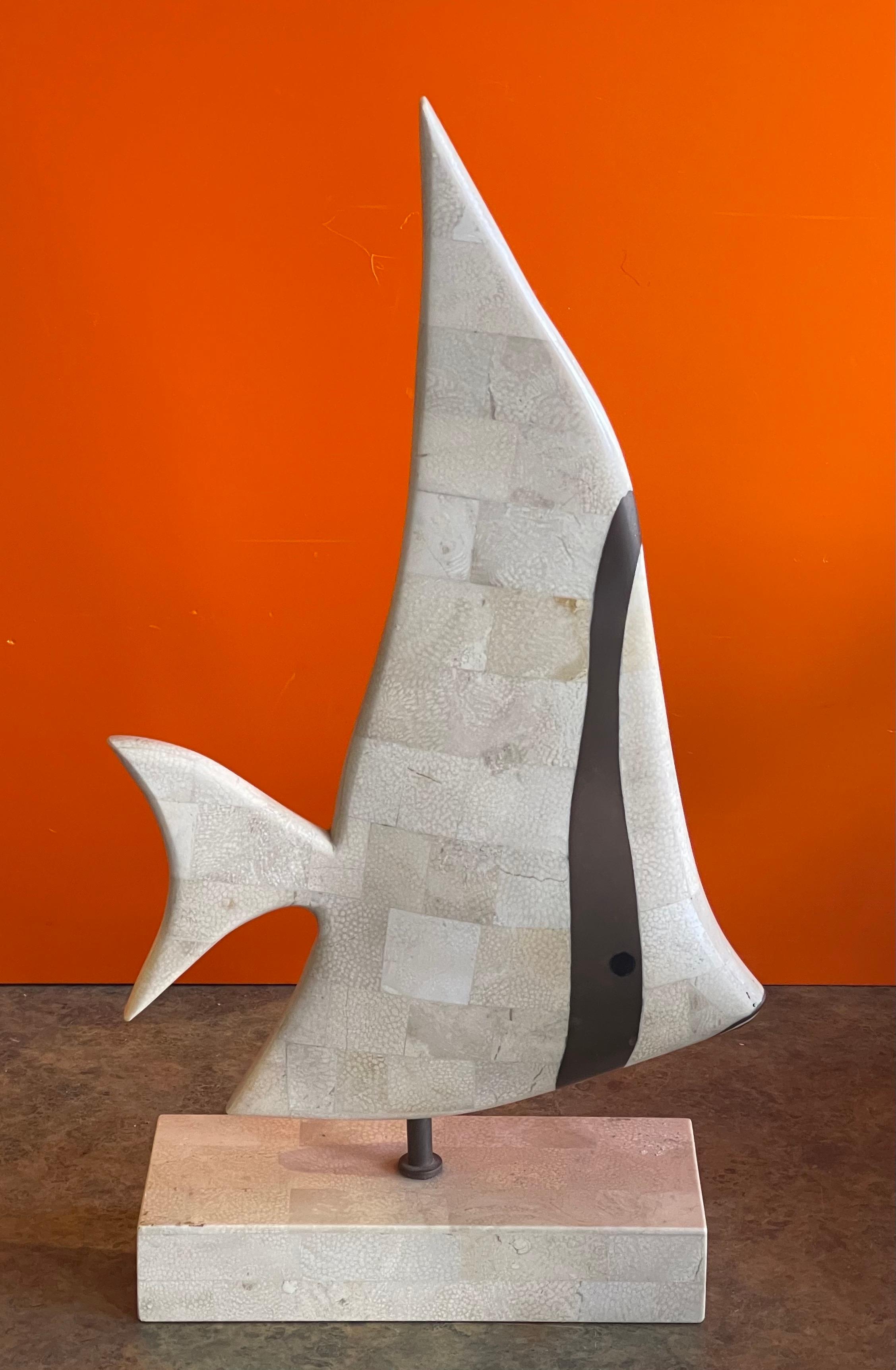 Tessellated Coral Stone & Brass Angel Fish Sculpture on Stand by Maitland Smith In Good Condition For Sale In San Diego, CA