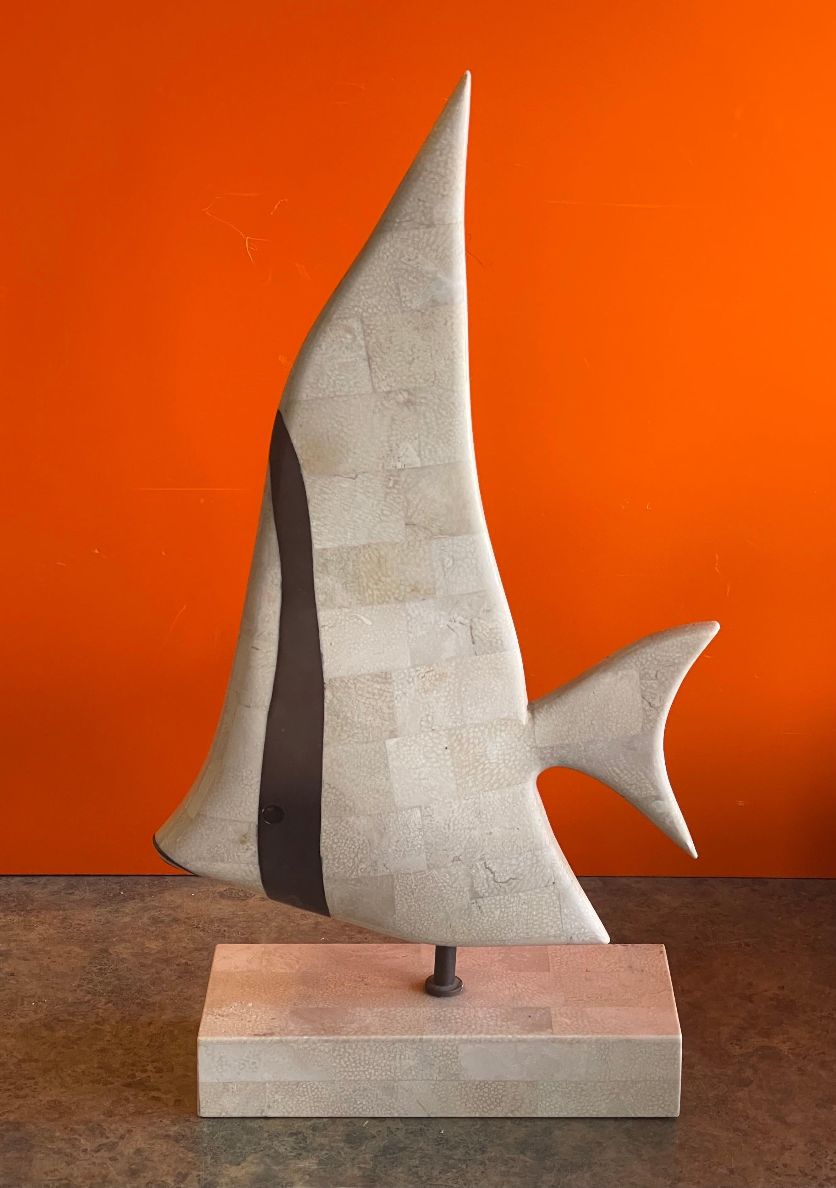 20th Century Tessellated Coral Stone & Brass Angel Fish Sculpture on Stand by Maitland Smith For Sale