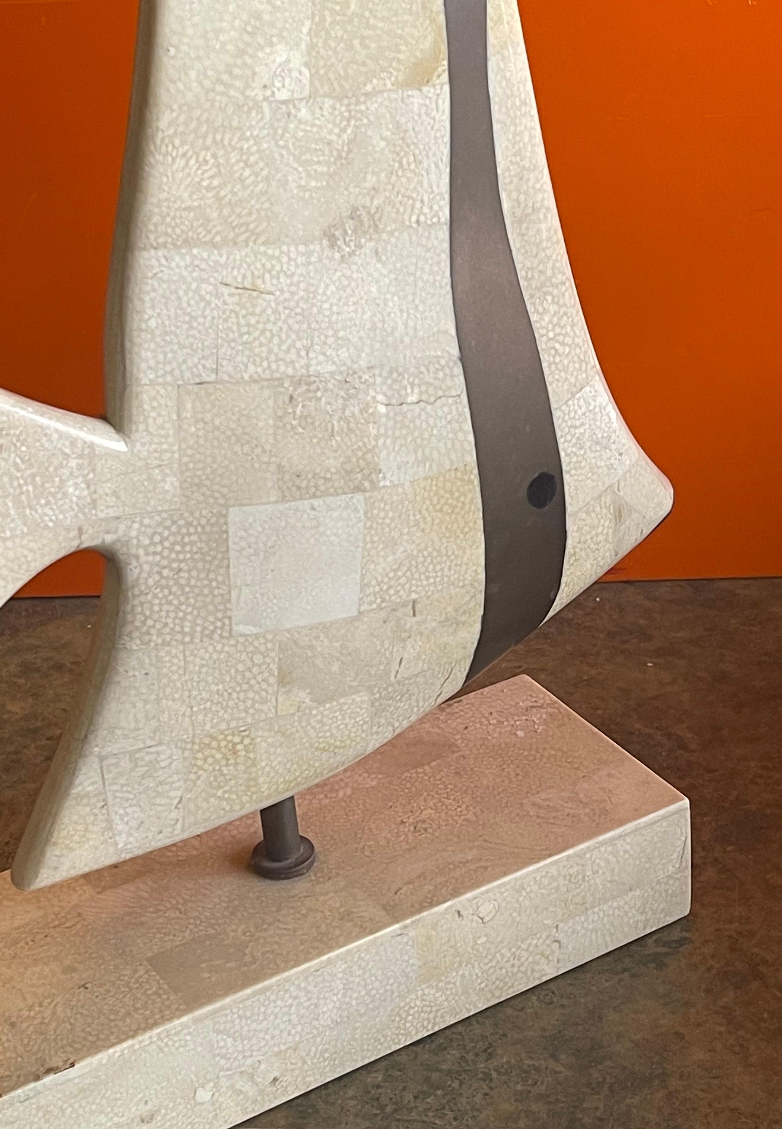 Tessellated Coral Stone & Brass Angel Fish Sculpture on Stand by Maitland Smith For Sale 3