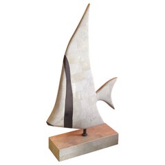 Tessellated Coral Stone & Brass Angel Fish Sculpture on Stand by Maitland Smith