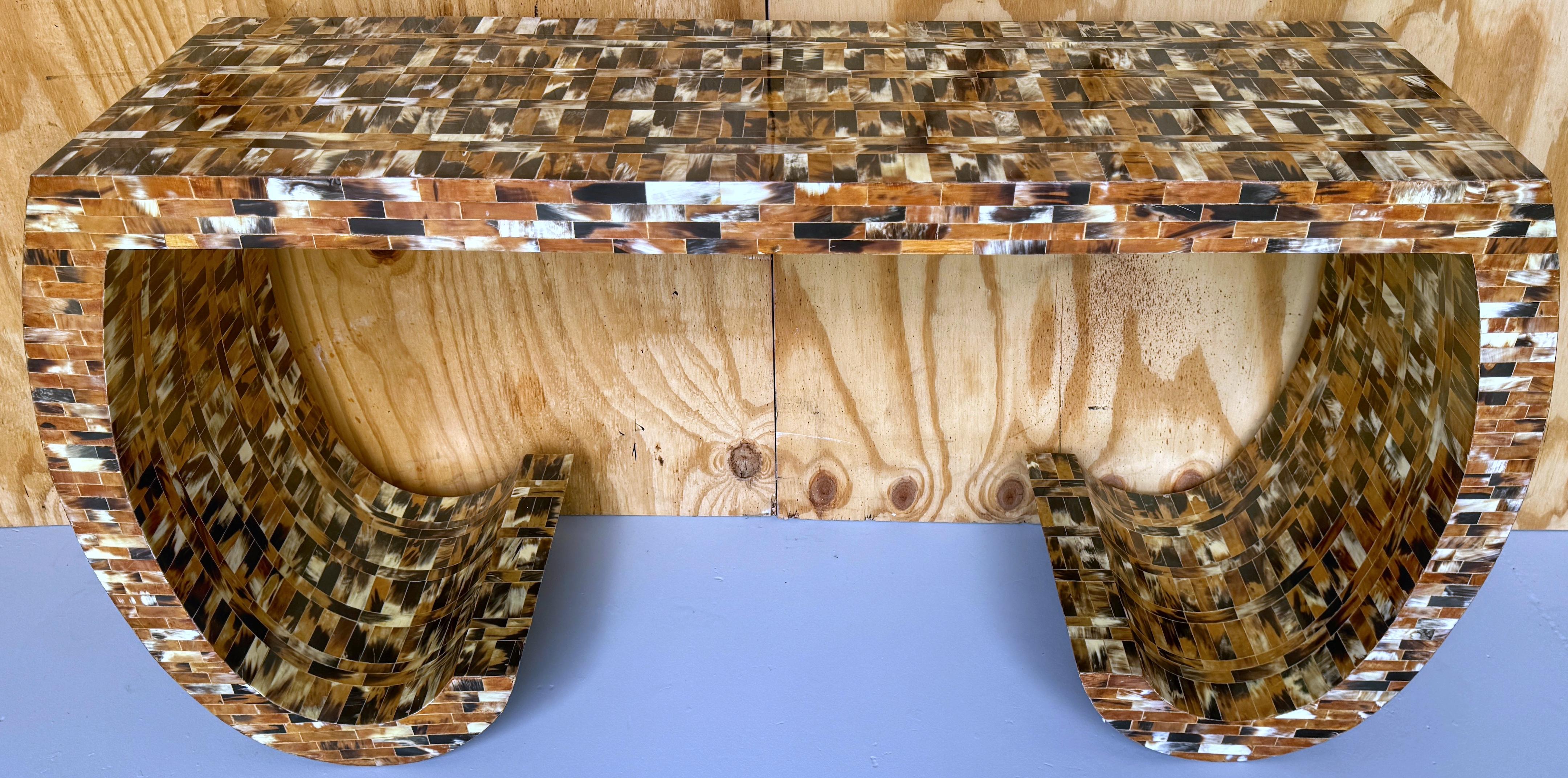 Colombian Tessellated Cow Horn Scroll Leg Console Table by Enrique Garcel, Circa 1980s For Sale