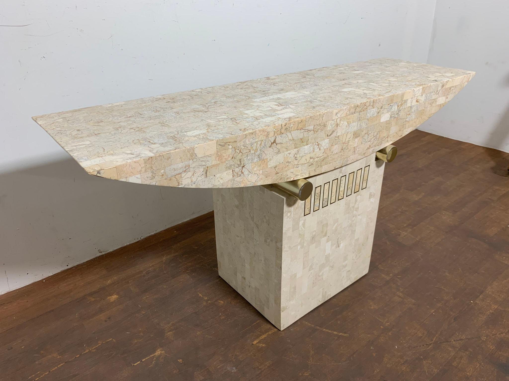 Brass Tessellated Fossil Stone Console or Altar Table in the Manner of Mailtand Smith For Sale