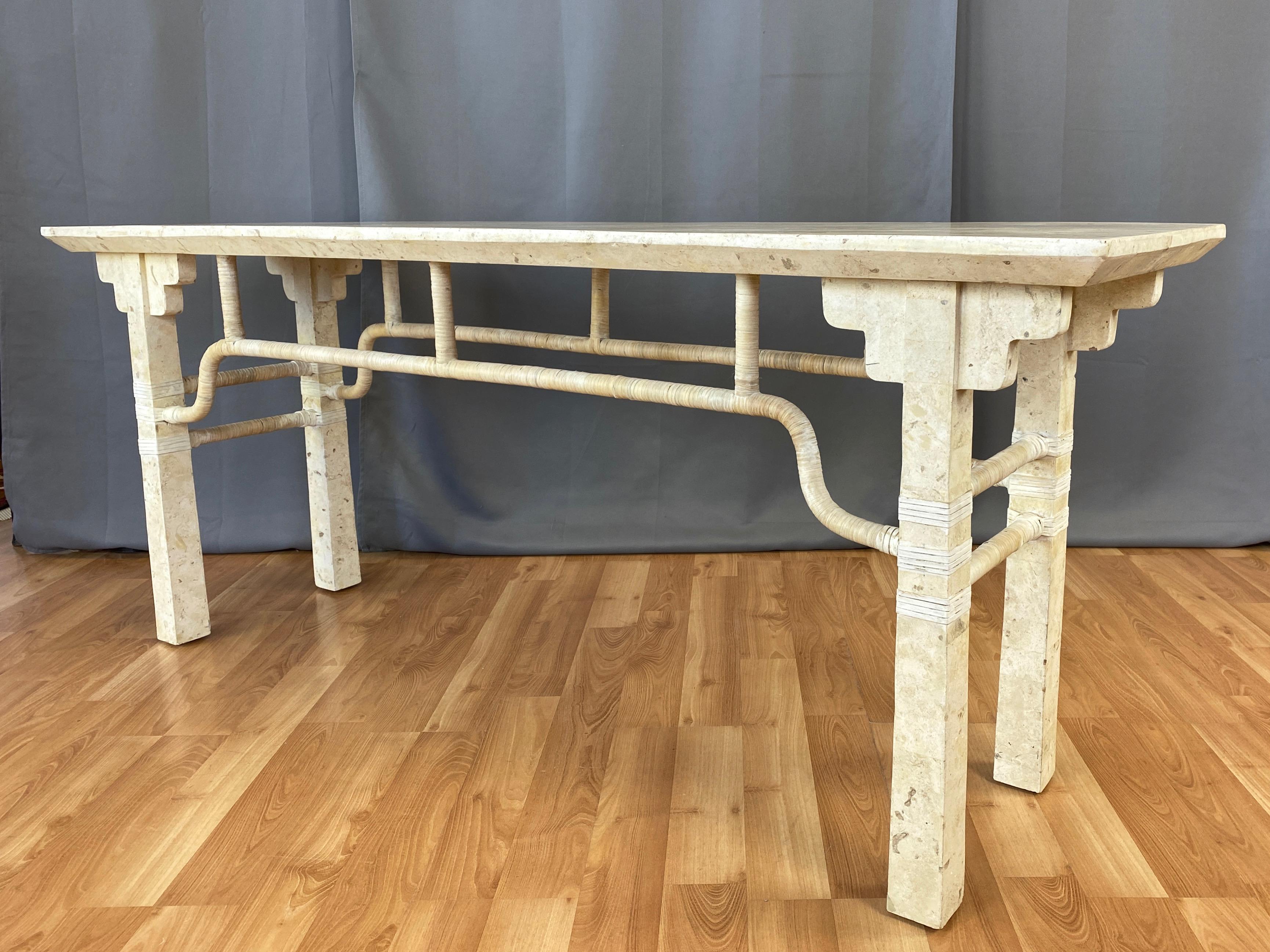 Hand-Crafted Maitland-Smith-Style Tessellated Fossil Stone and Rattan Console Table, 1980s