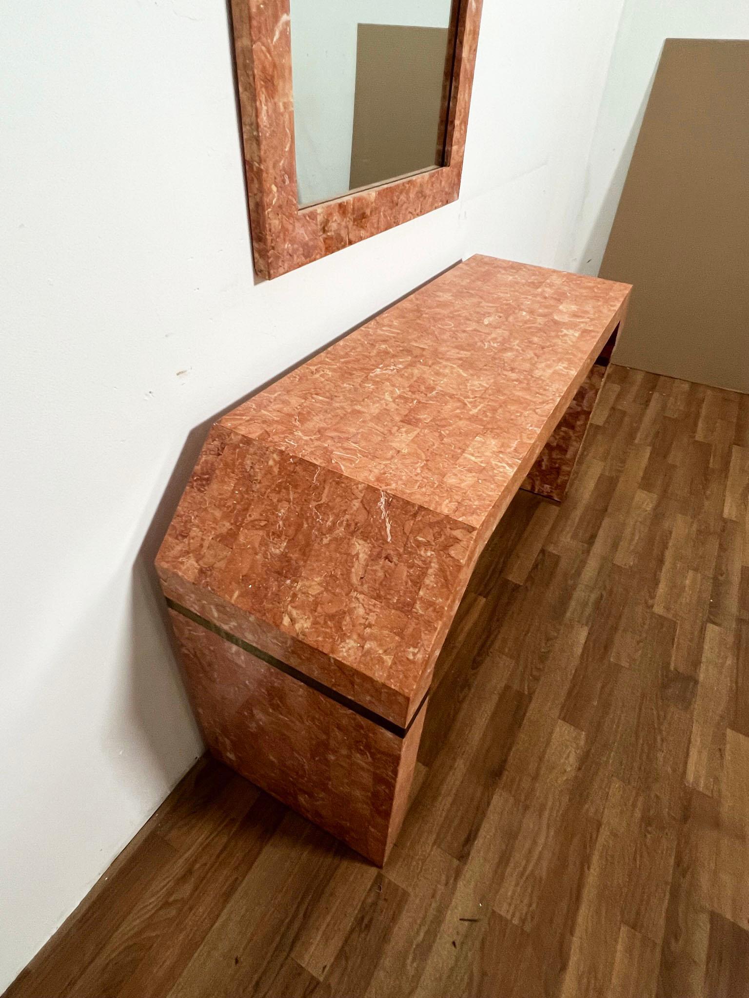 Post-Modern Tessellated Fossil Stone Console Table & Mirror Attributed to Maitland Smith For Sale
