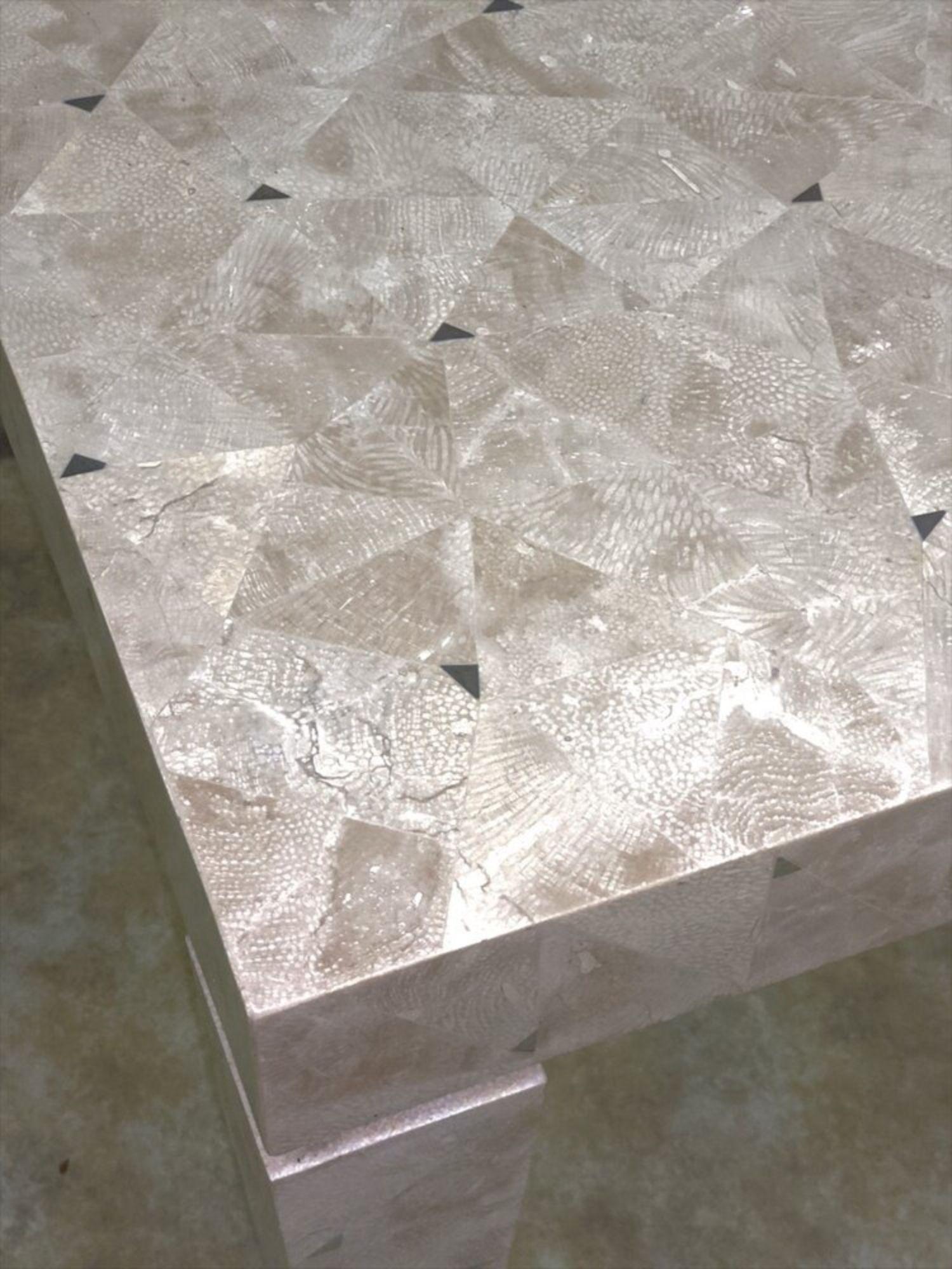 Unknown Tessellated Fossil Stone Game Table with Silver Triangle Inlays