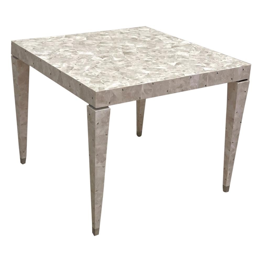 Tessellated Fossil Stone Game Table with Silver Triangle Inlays