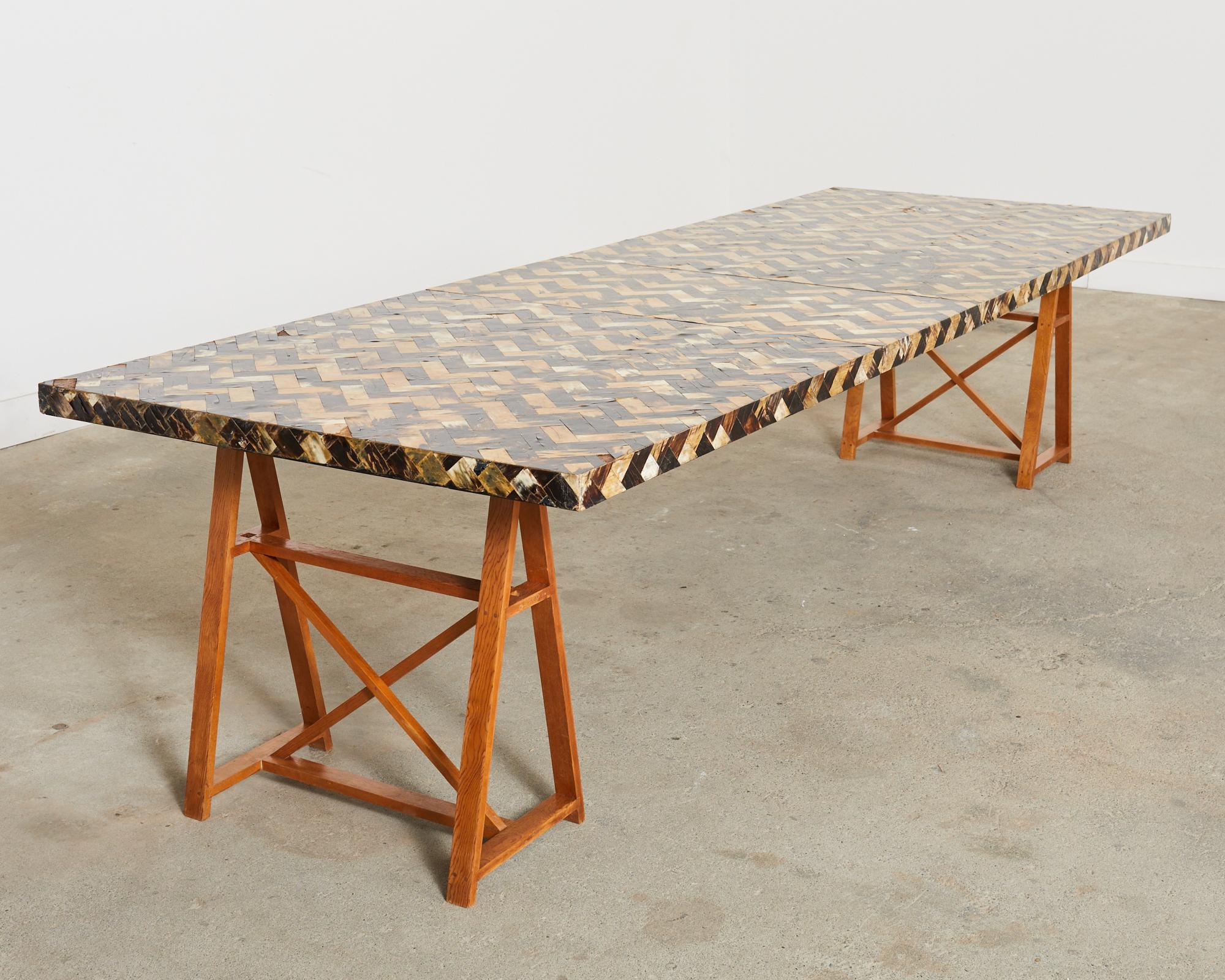 Hollywood Regency Tessellated Horn Dining Table with Leaves Designed by Thomas Britt For Sale