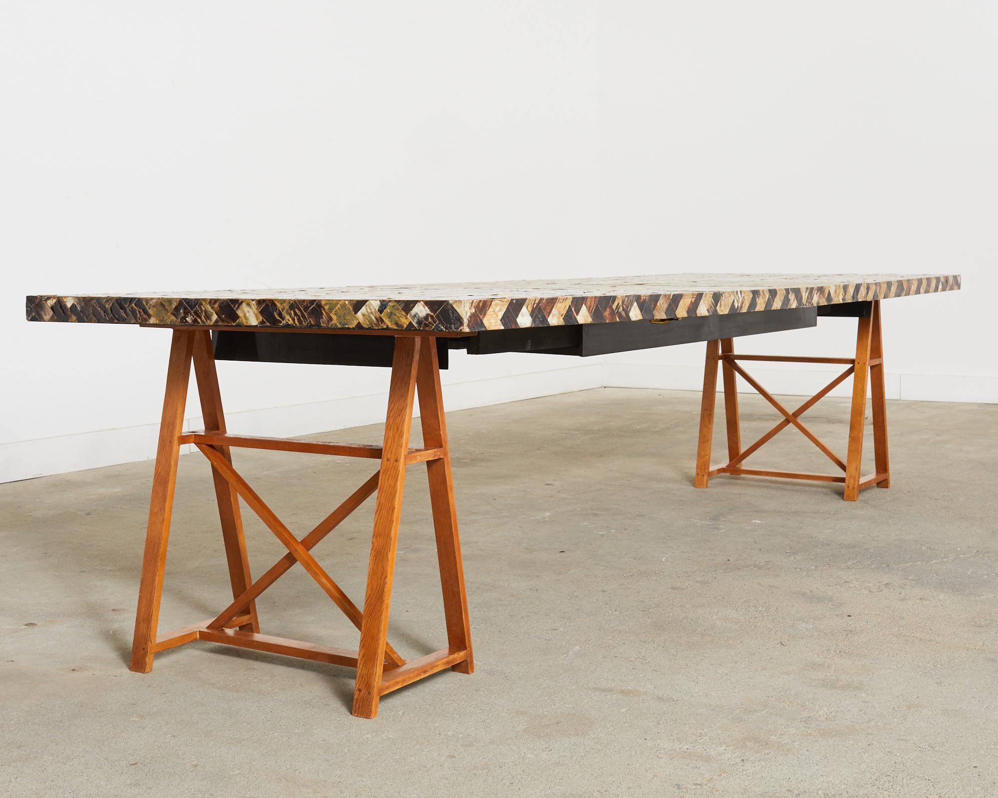 Veneer Tessellated Horn Dining Table with Leaves Designed by Thomas Britt For Sale