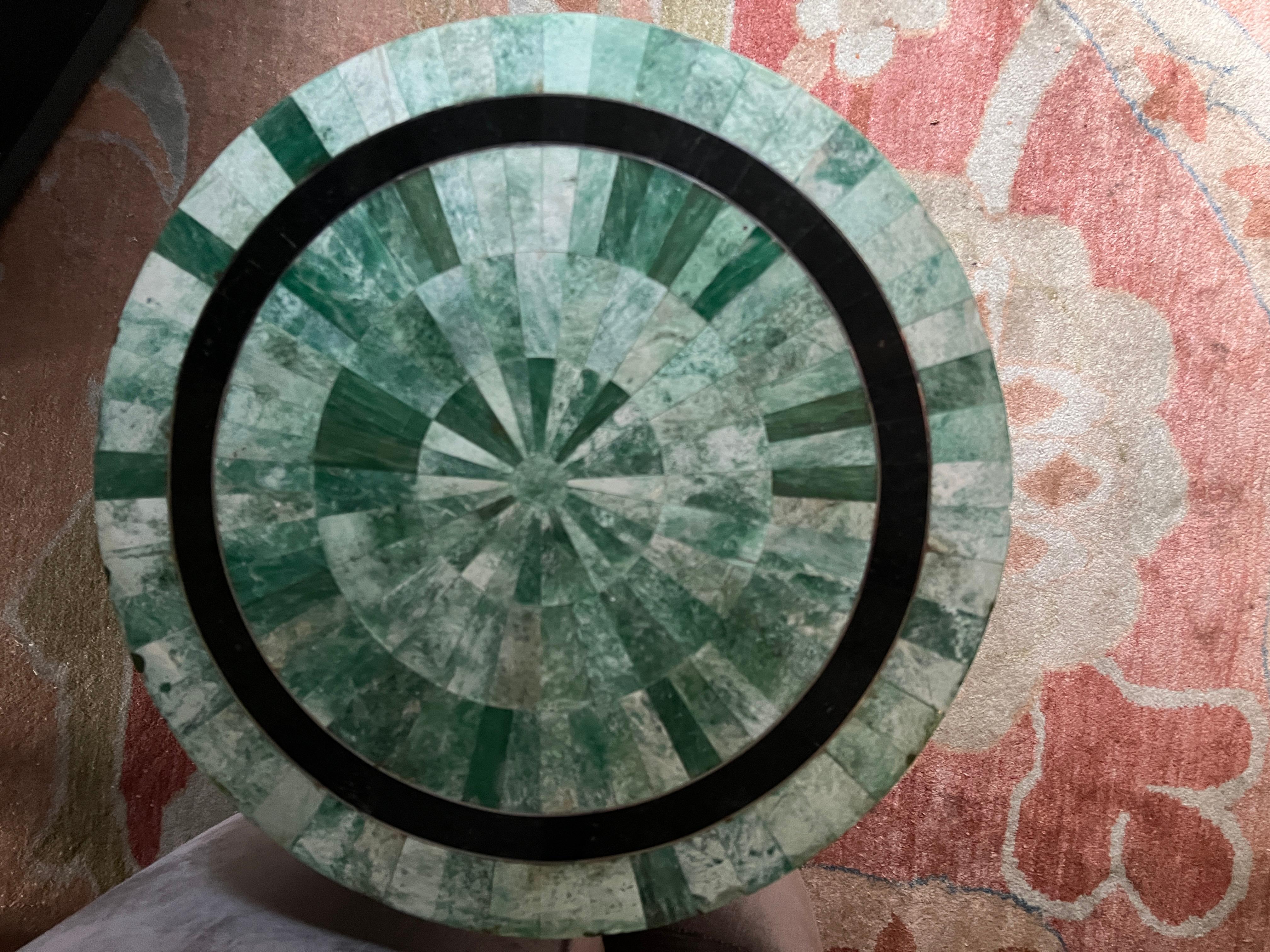 Tessellated Malachite Cone Shape Table with Black Marble Tessellated Sphere Legs For Sale 4