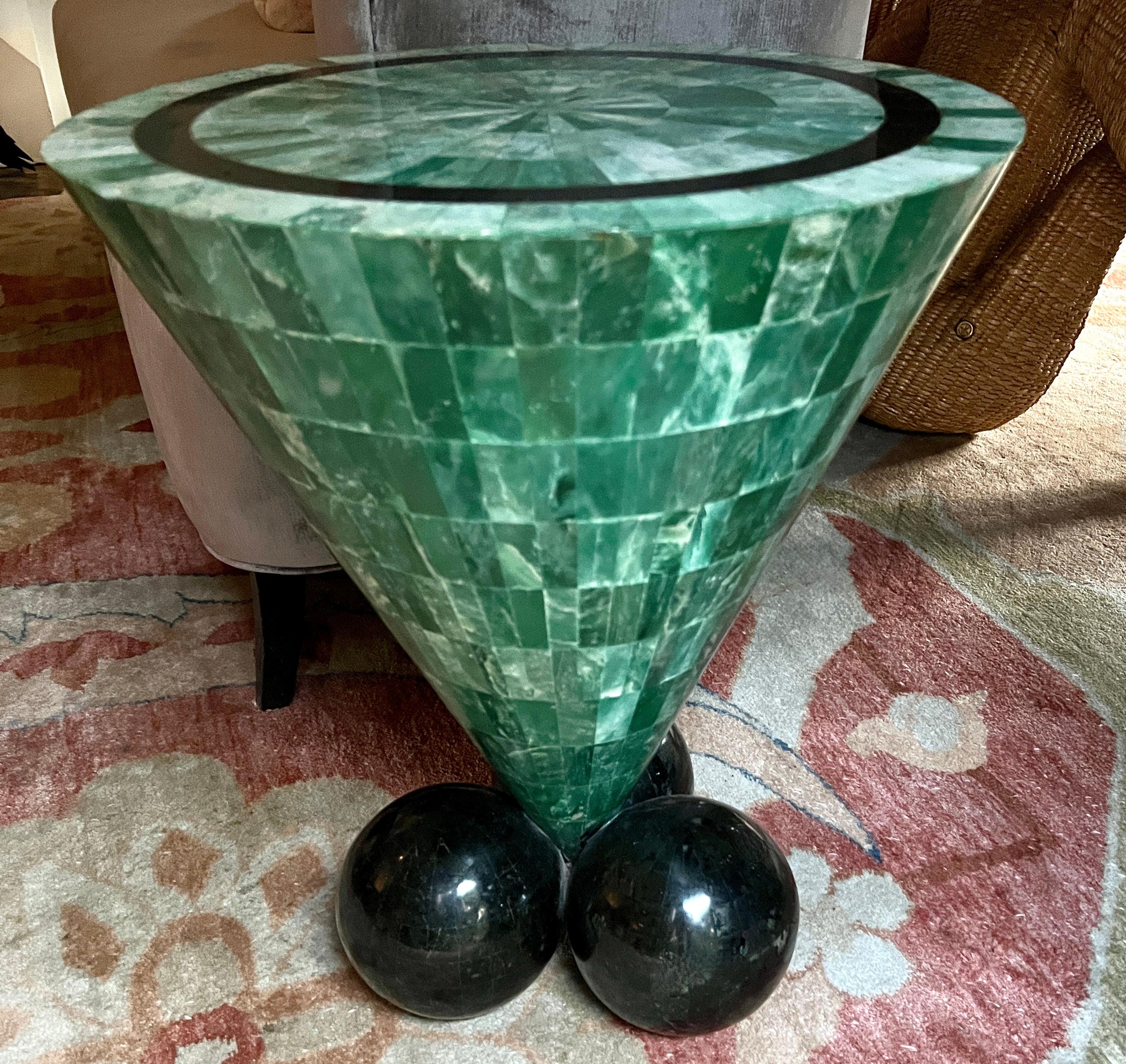 Tessellated Malachite Cone Shape Table with Black Marble Tessellated Sphere Legs For Sale 6