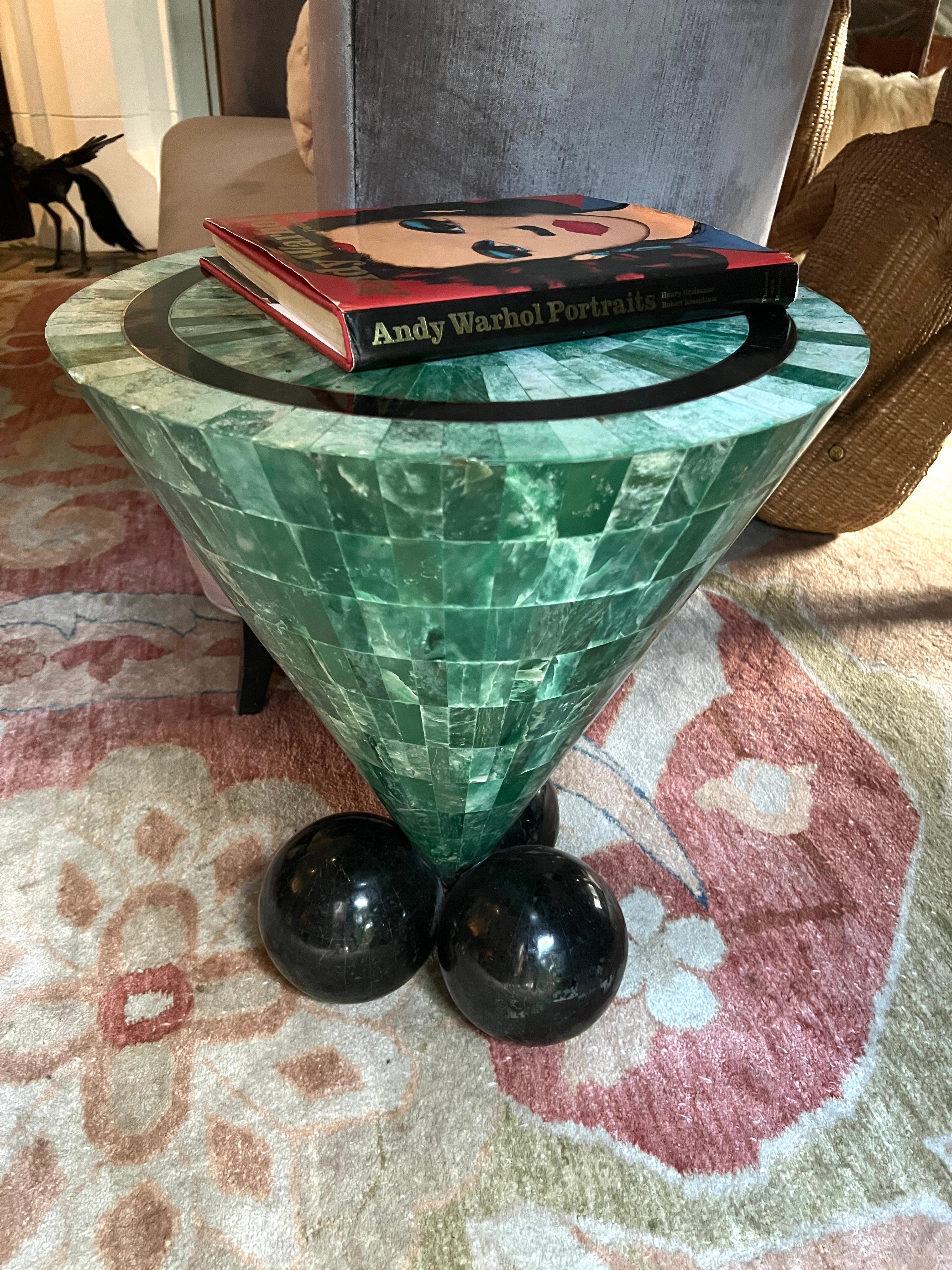 Tessellated Malachite Cone Shape Table with Black Marble Tessellated Sphere Legs For Sale 7