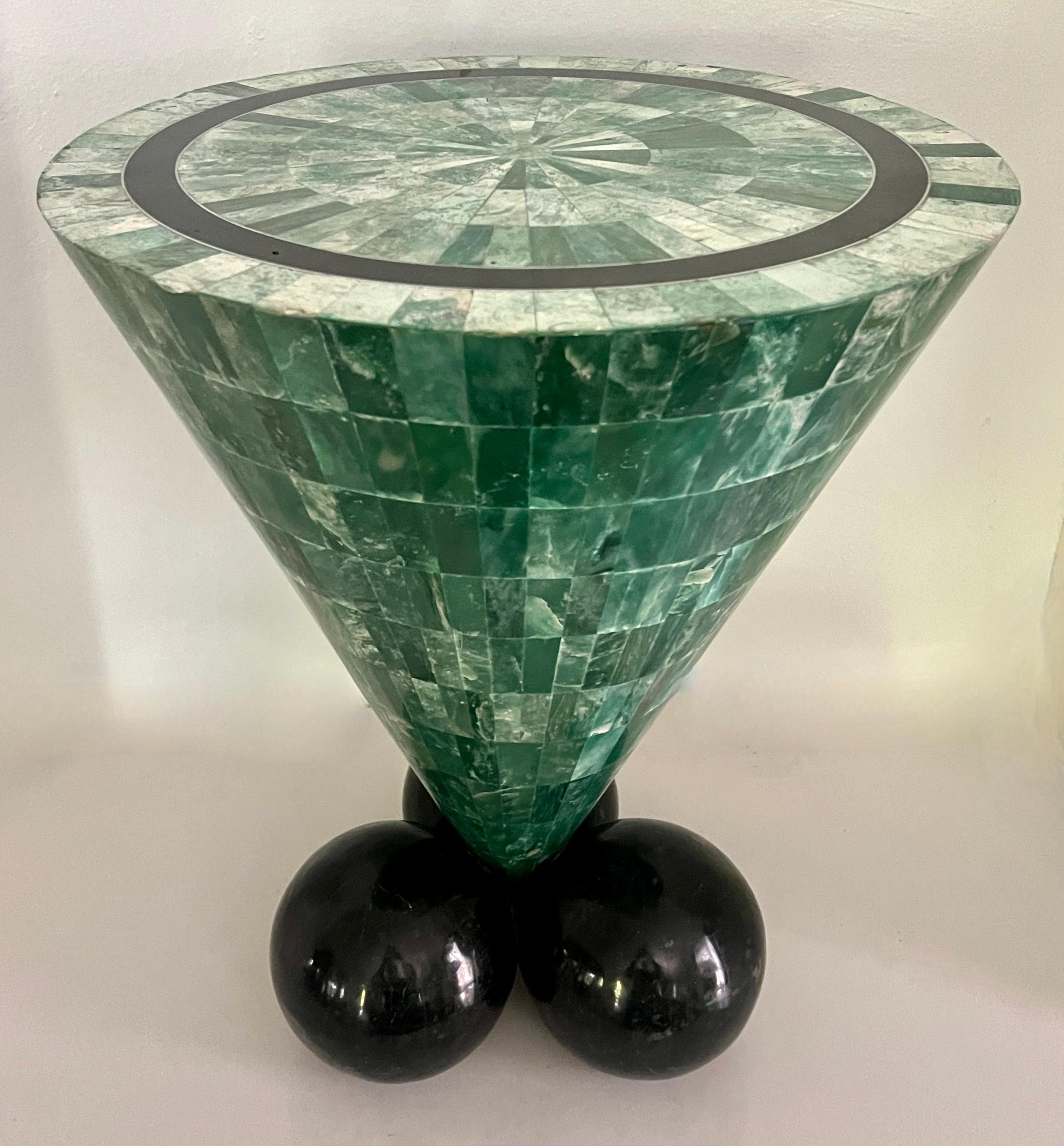 Modern Tessellated Malachite Cone Shape Table with Black Marble Tessellated Sphere Legs For Sale