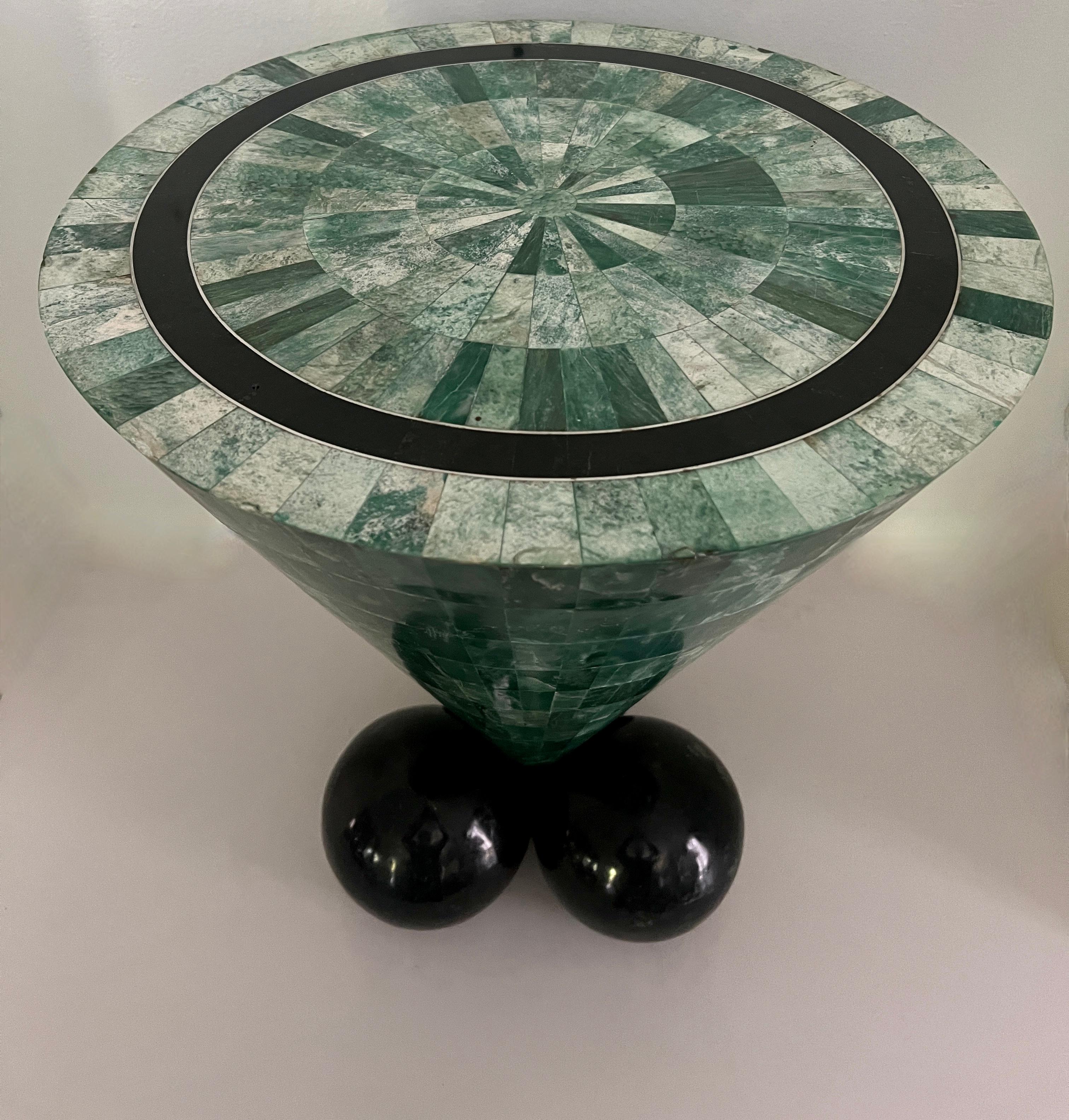 Tessellated Malachite Cone Shape Table with Black Marble Tessellated Sphere Legs In Good Condition For Sale In Los Angeles, CA