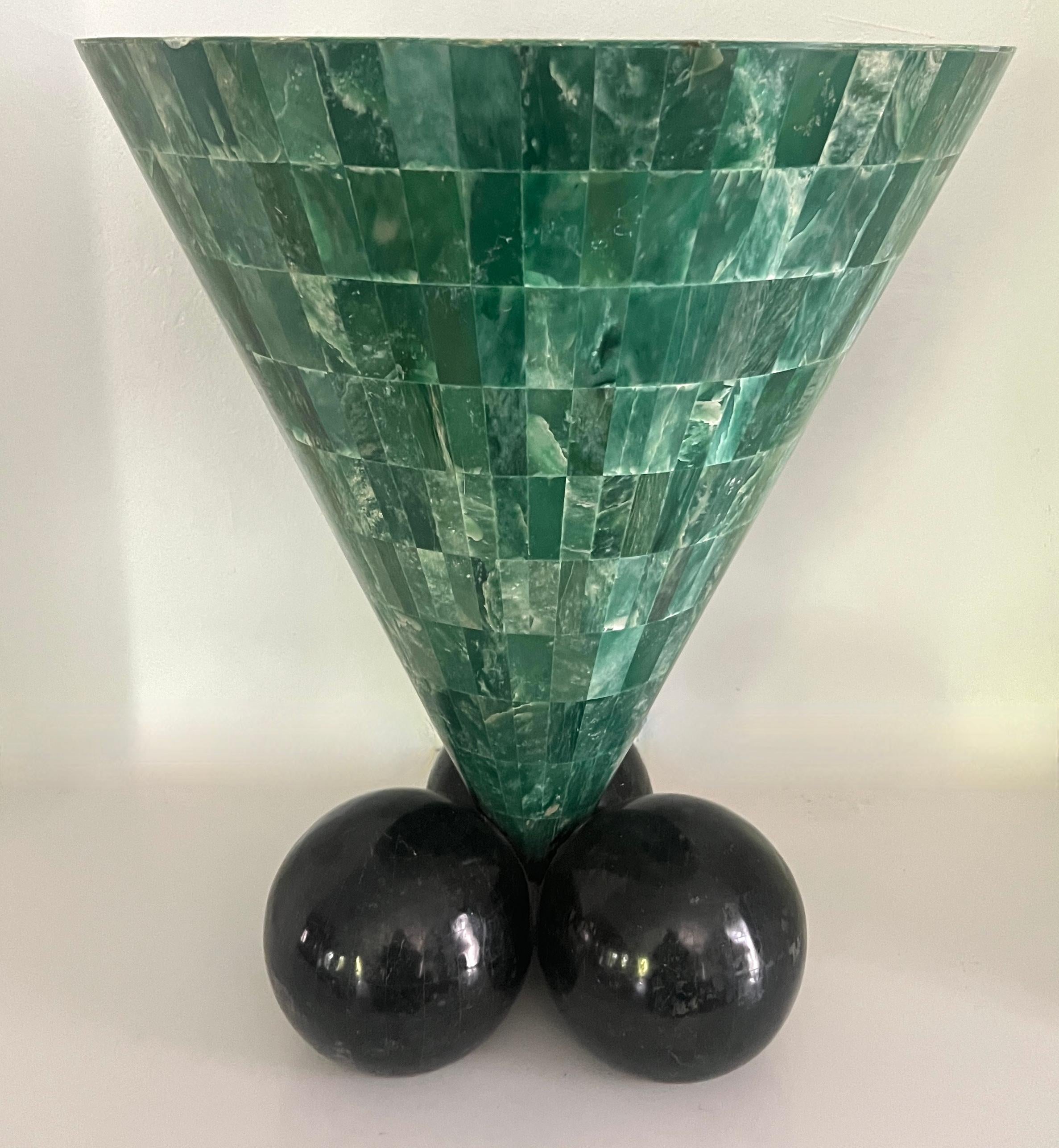 20th Century Tessellated Malachite Cone Shape Table with Black Marble Tessellated Sphere Legs For Sale