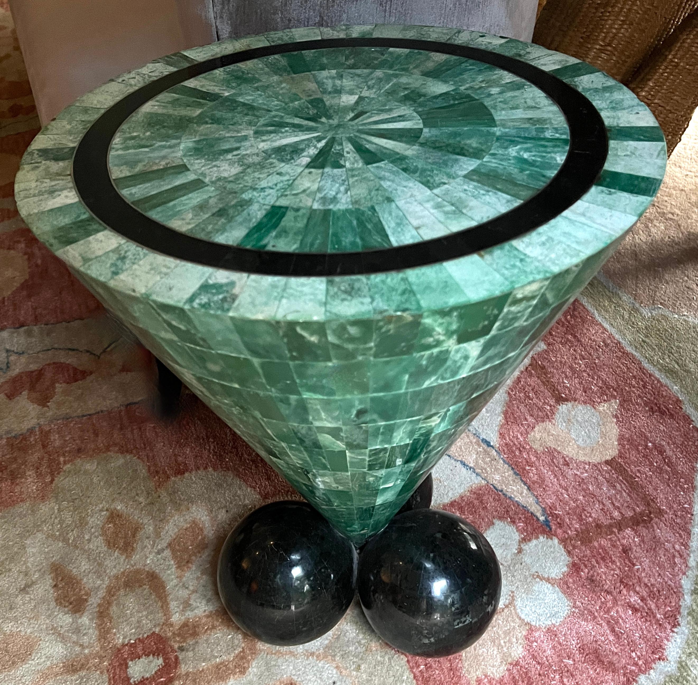 Tessellated Malachite Cone Shape Table with Black Marble Tessellated Sphere Legs For Sale 2
