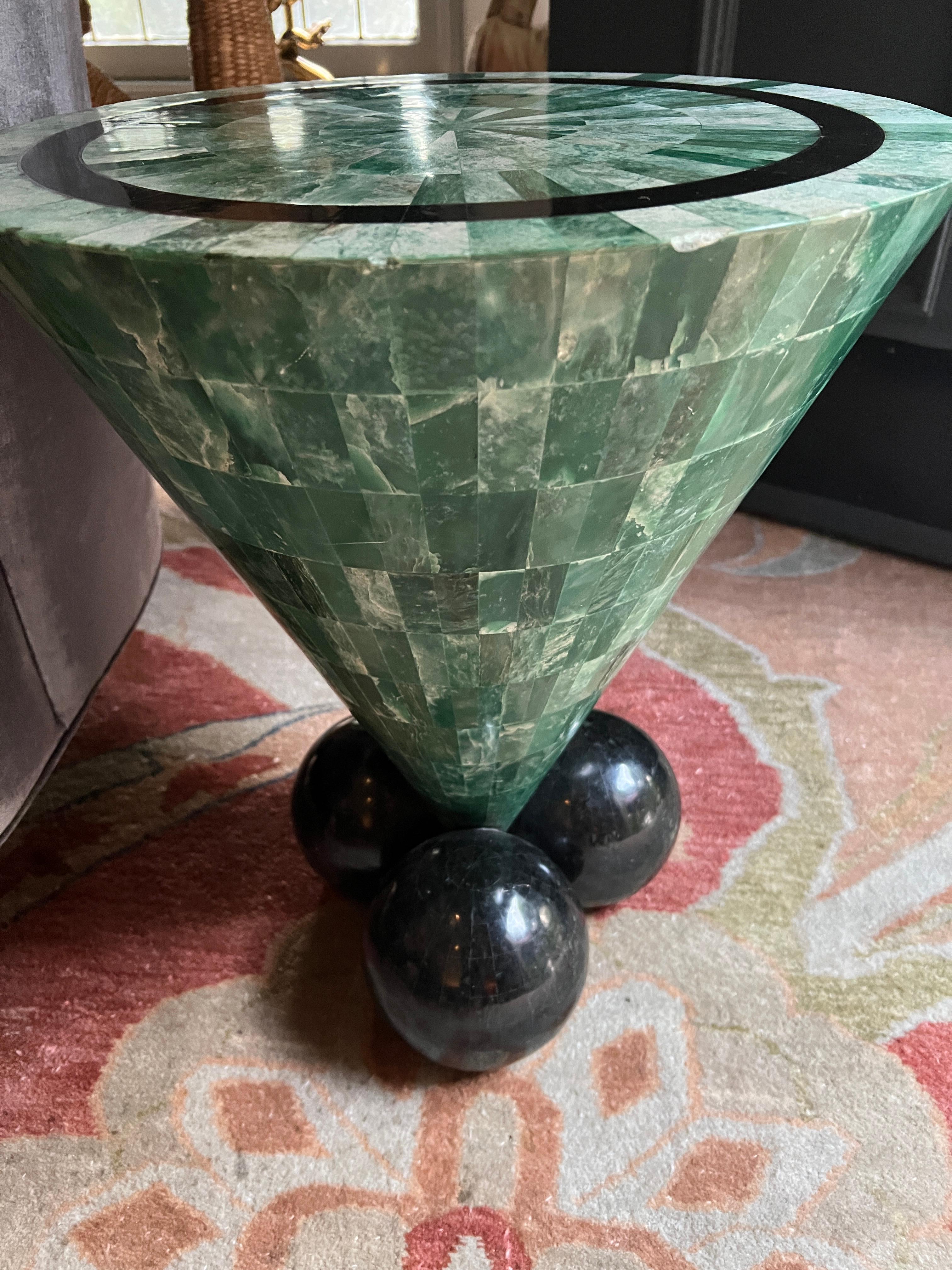 Tessellated Malachite Cone Shape Table with Black Marble Tessellated Sphere Legs For Sale 3