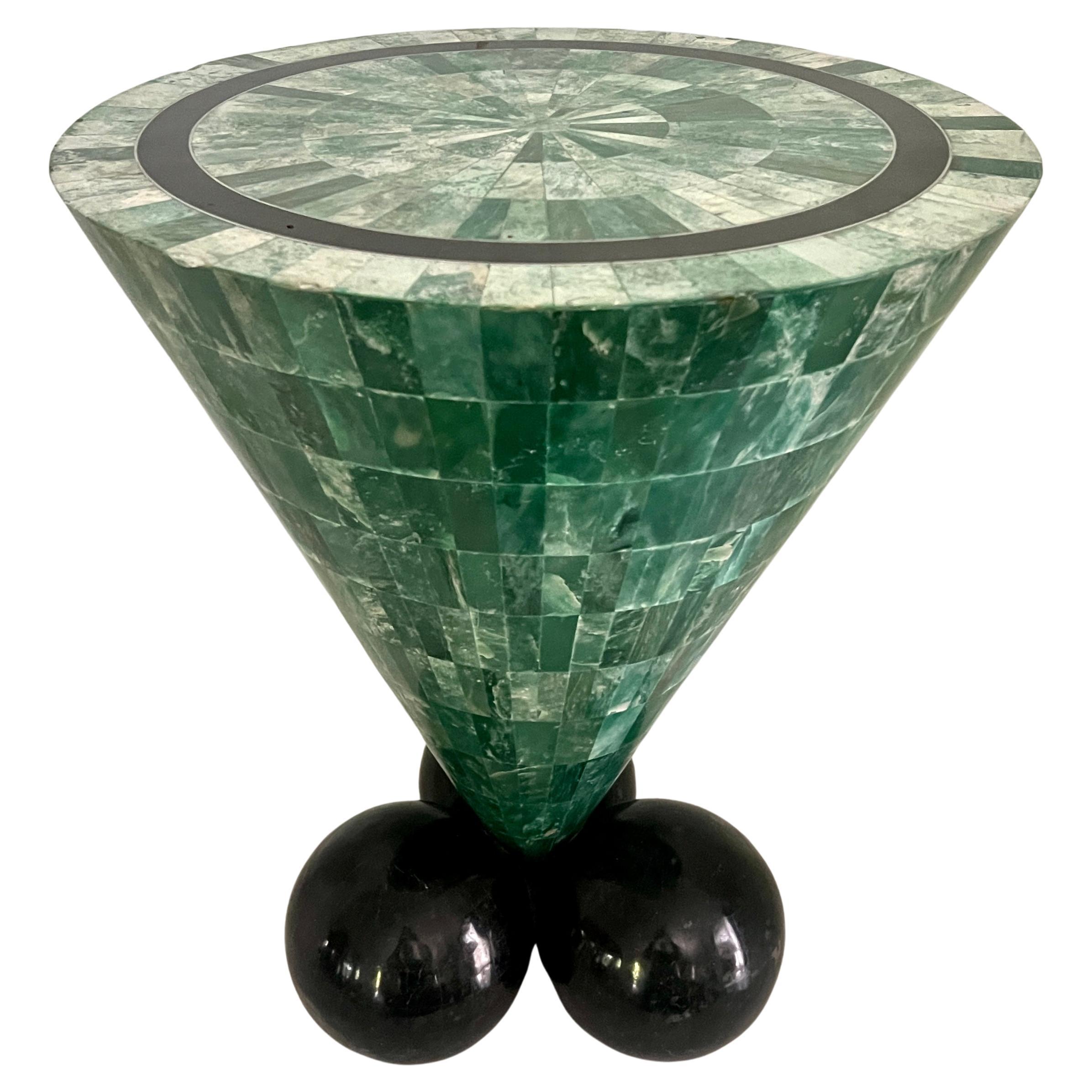 Tessellated Malachite Cone Shape Table with Black Marble Tessellated Sphere Legs For Sale