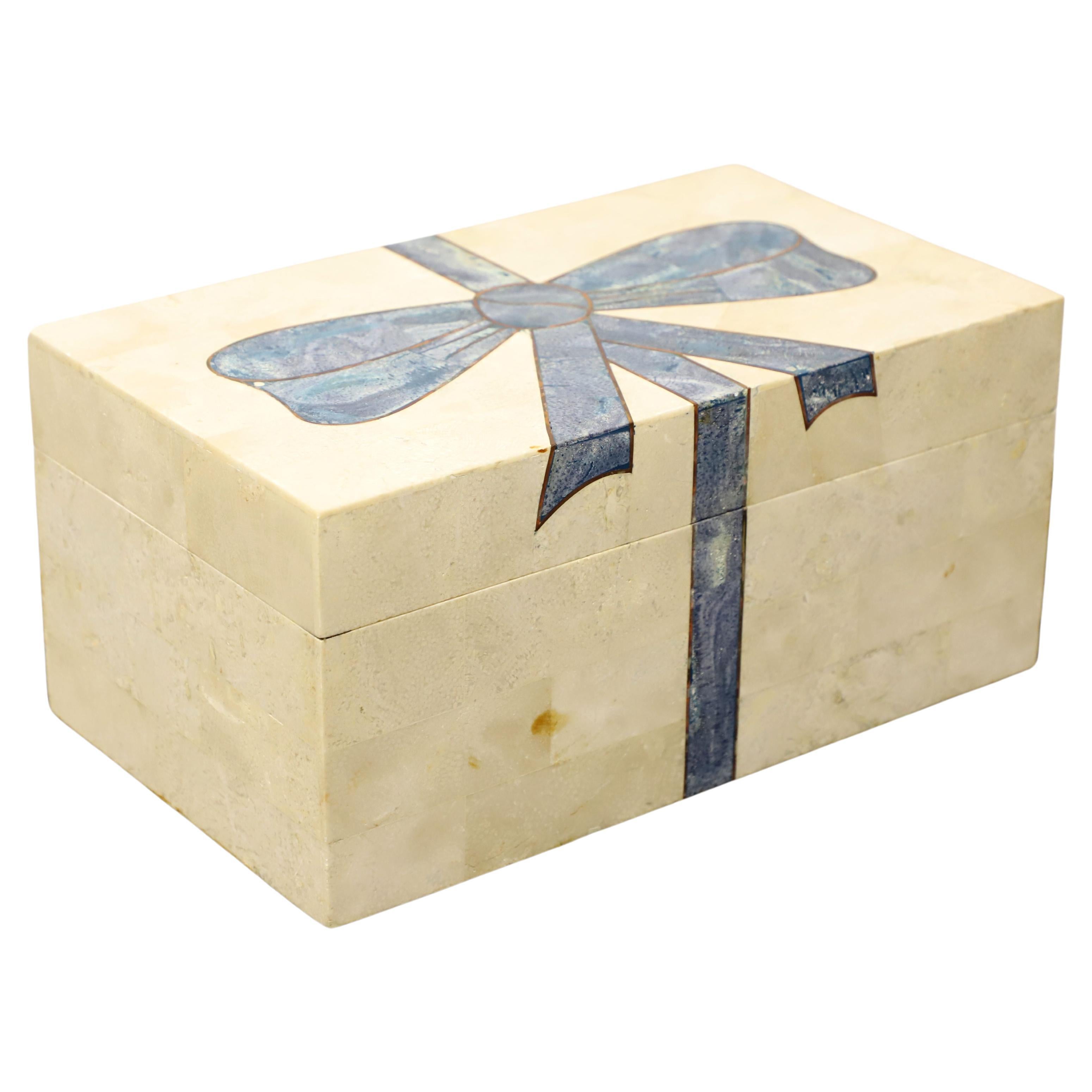 Tessellated Marble Blue Bow Trinket Box For Sale