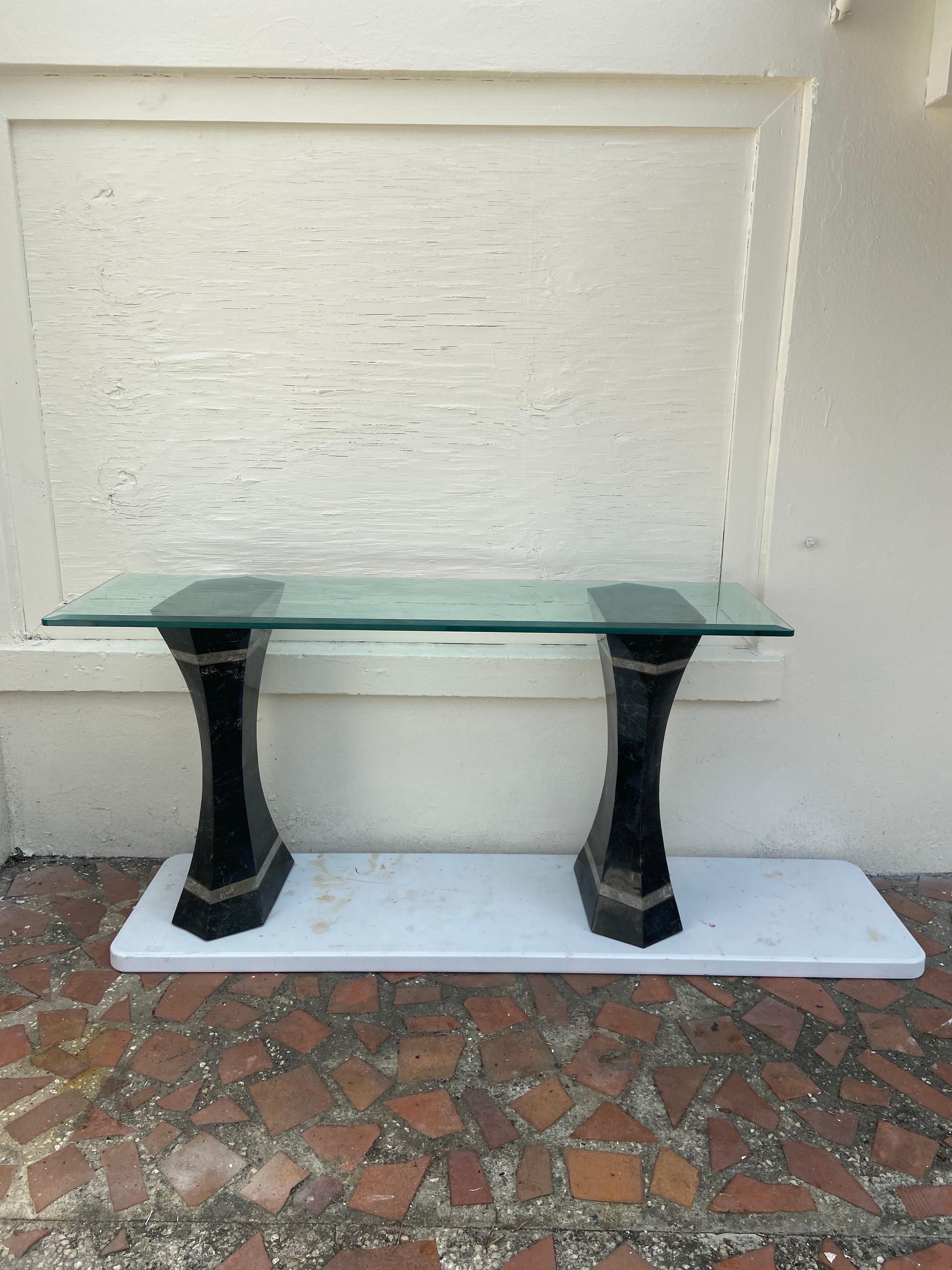 Tessellated console or entry table. Rectangles of thin marble pieced together in a mid-century design… Made in the Philippines by Norkis furniture 