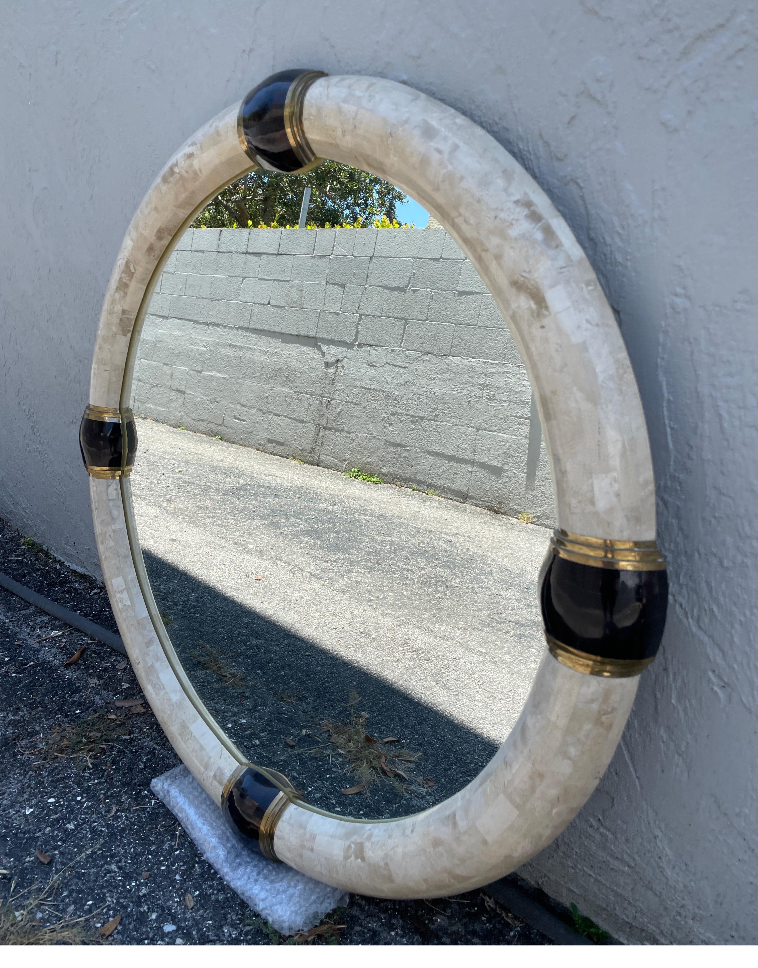 20th Century Tessellated Marble & Pen Shell Round Mirror by Karl Springer